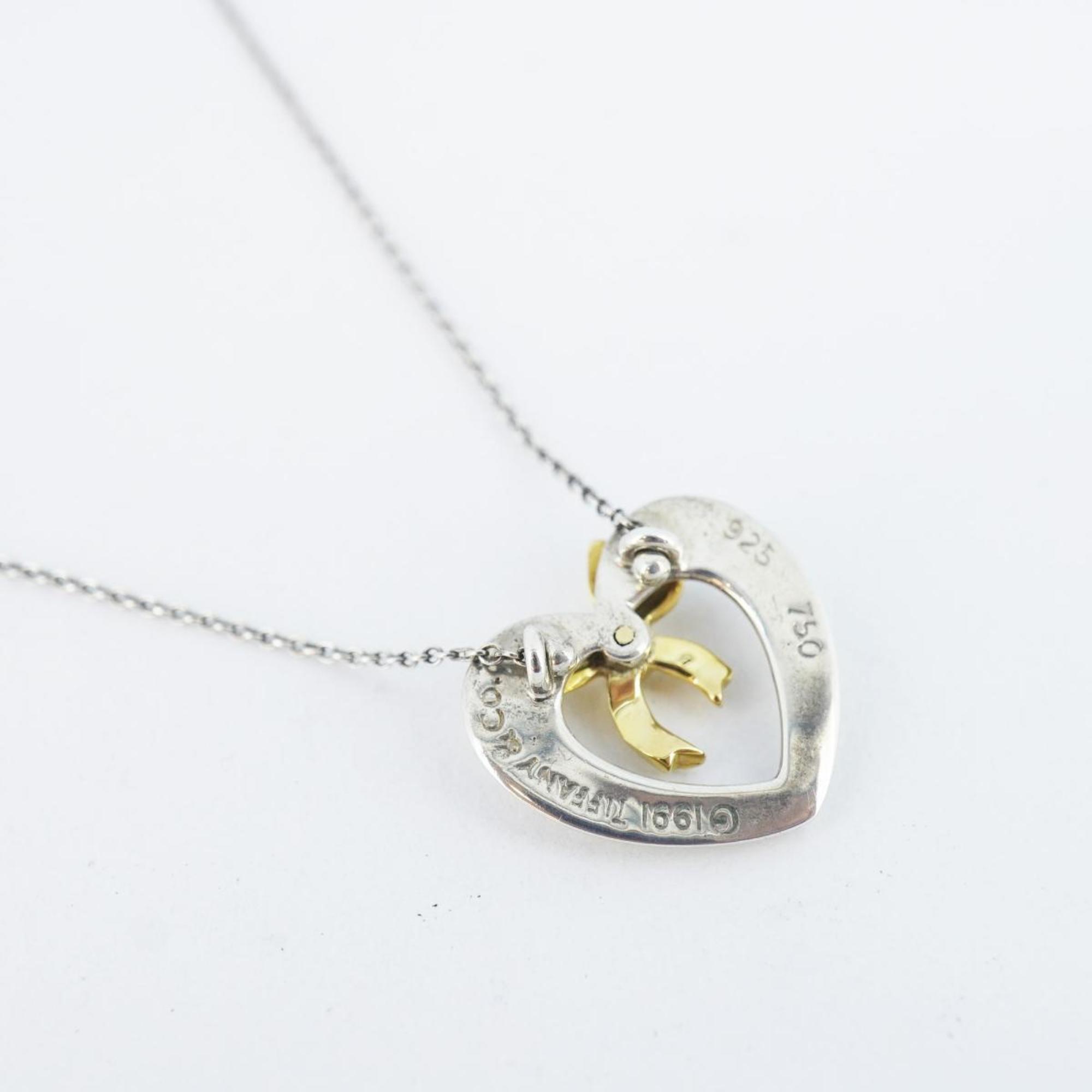 Tiffany Necklace Heart Ribbon K18YG Yellow Gold 925 Silver Women's