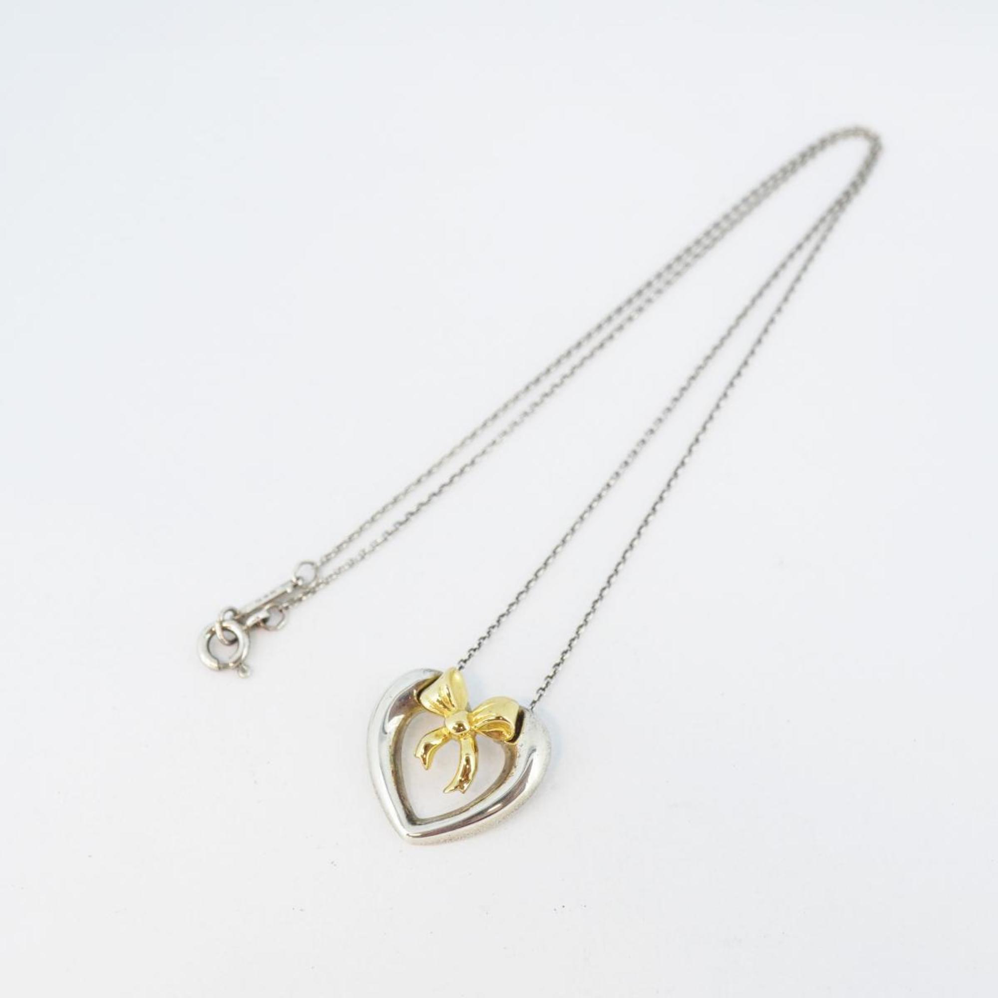 Tiffany Necklace Heart Ribbon K18YG Yellow Gold 925 Silver Women's