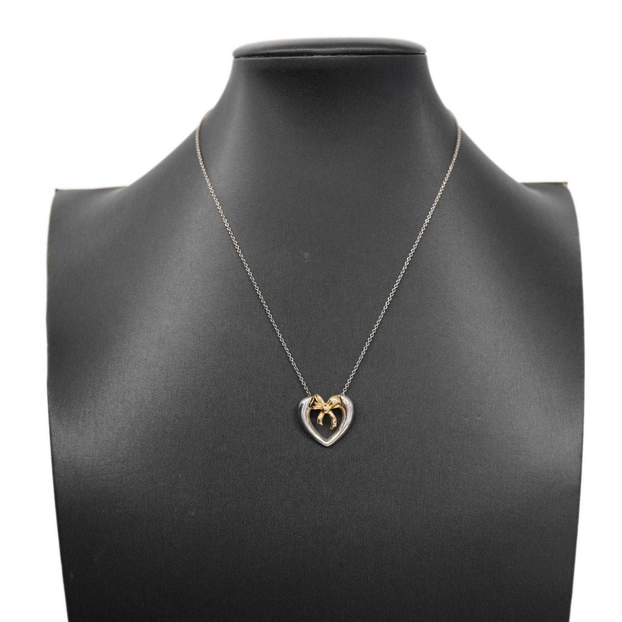 Tiffany Necklace Heart Ribbon K18YG Yellow Gold 925 Silver Women's