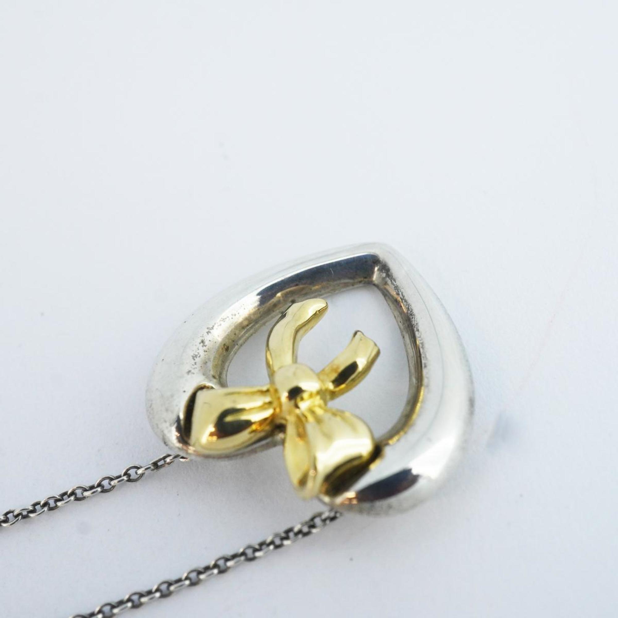 Tiffany Necklace Heart Ribbon K18YG Yellow Gold 925 Silver Women's