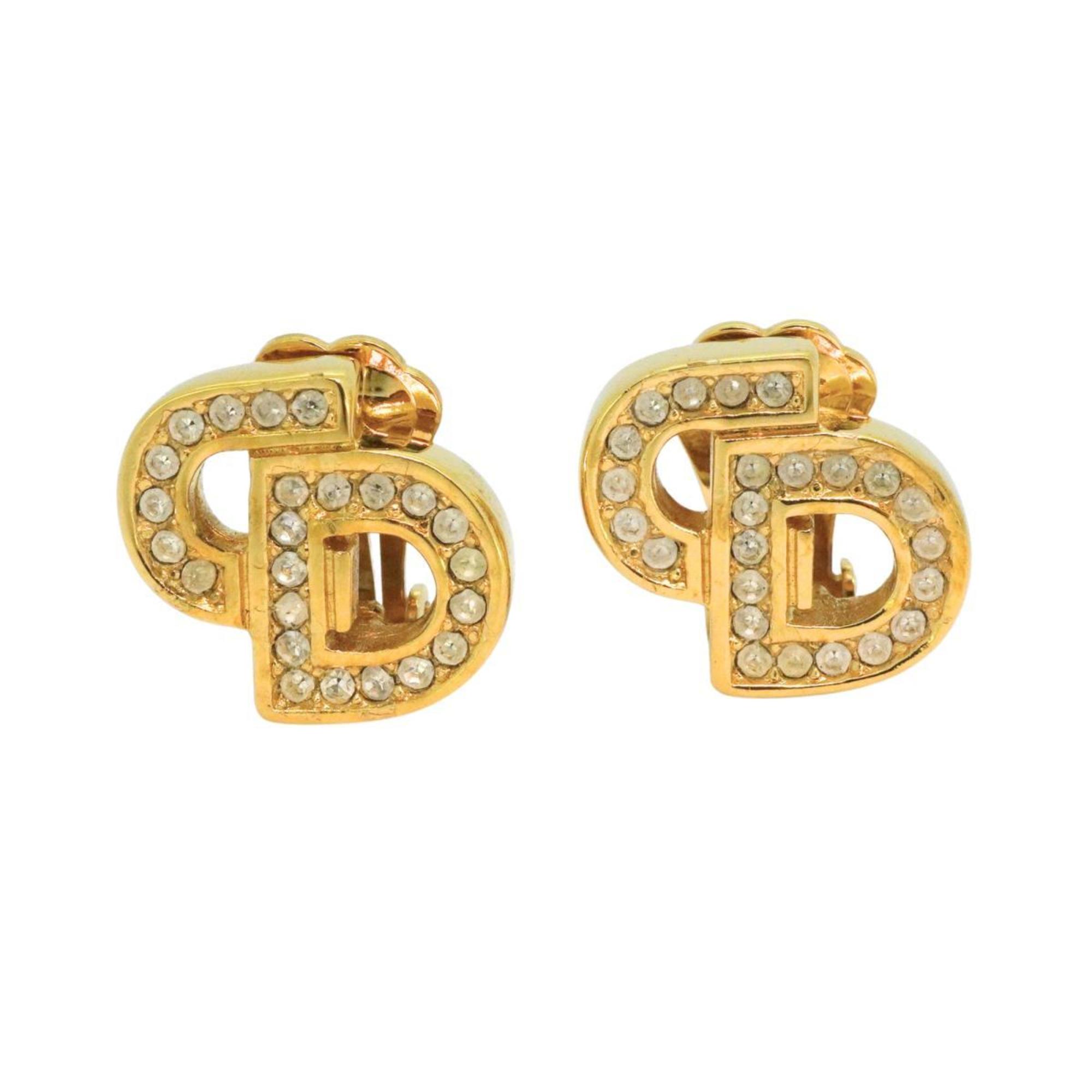 Christian Dior Earrings CD Rhinestone GP Plated Gold Women's