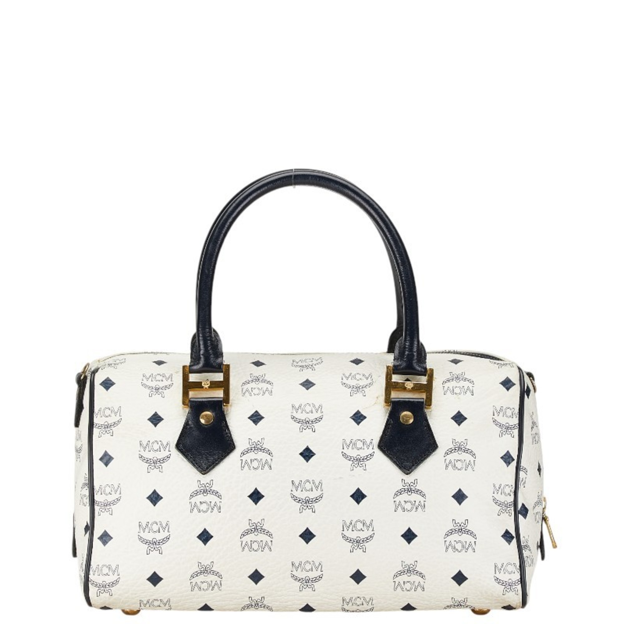 MCM Visetos Glam Handbag Tote Bag White Navy PVC Leather Women's