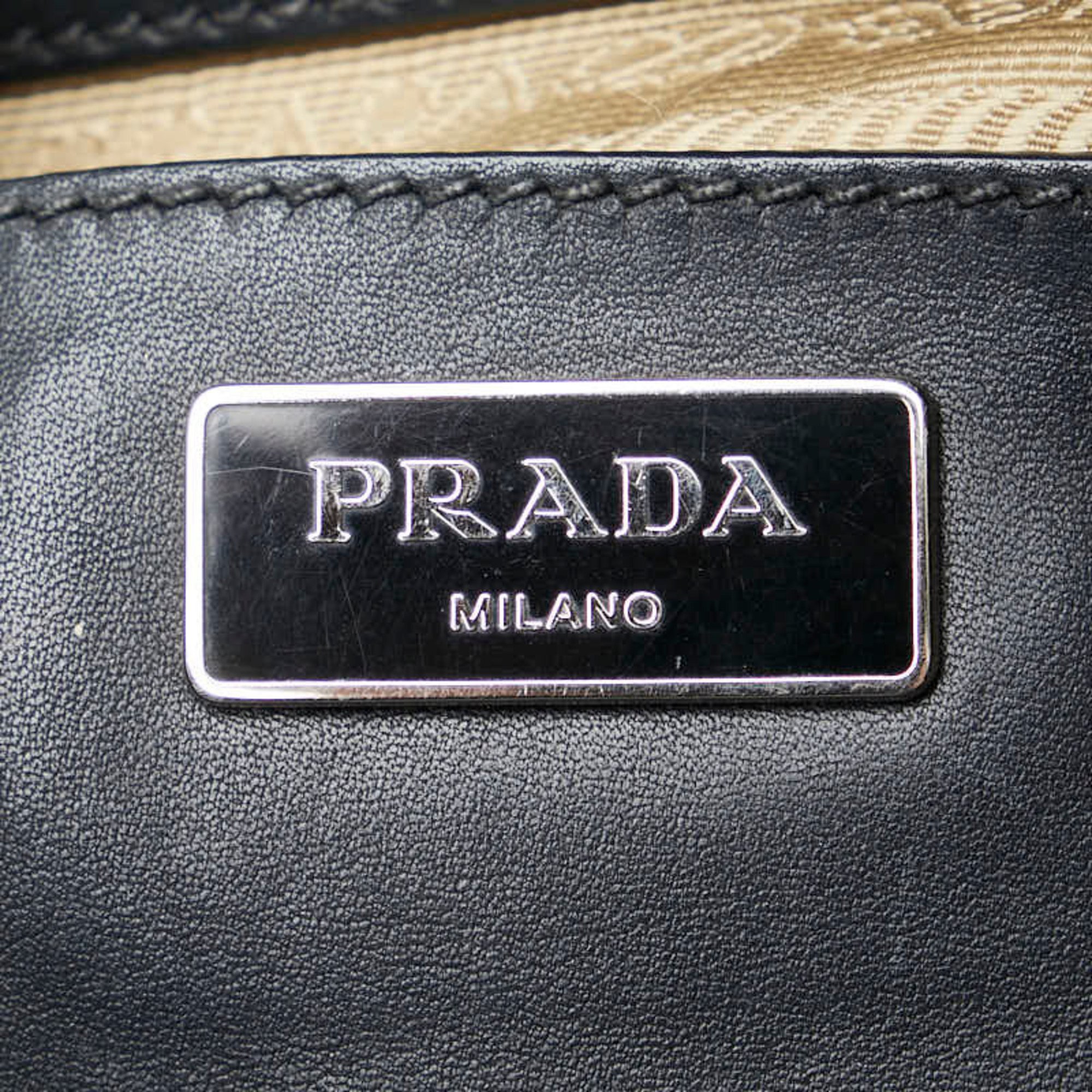 Prada Triangle Plate Handbag Tote Bag Navy Greige Leather Canvas Women's PRADA