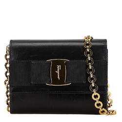 Salvatore Ferragamo Vara Ribbon Chain Shoulder Bag Black Leather Women's