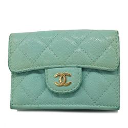 Chanel Tri-fold Wallet Matelasse Caviar Skin Light Blue Champagne Women's