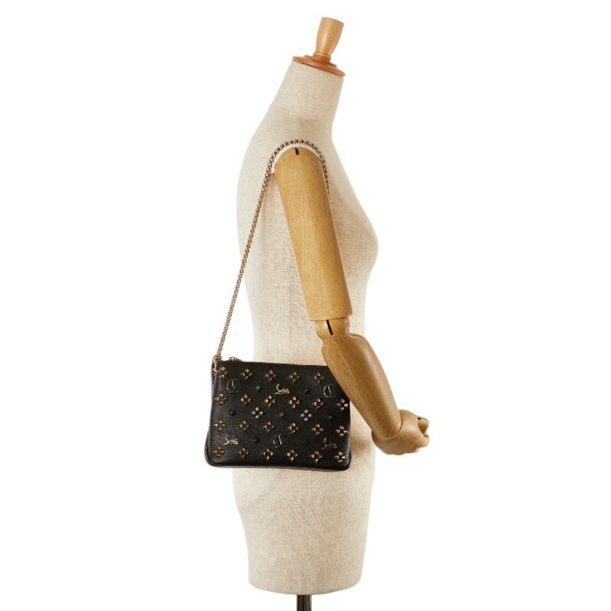 Christian Louboutin Studded Chain Shoulder Bag Black Leather Women's