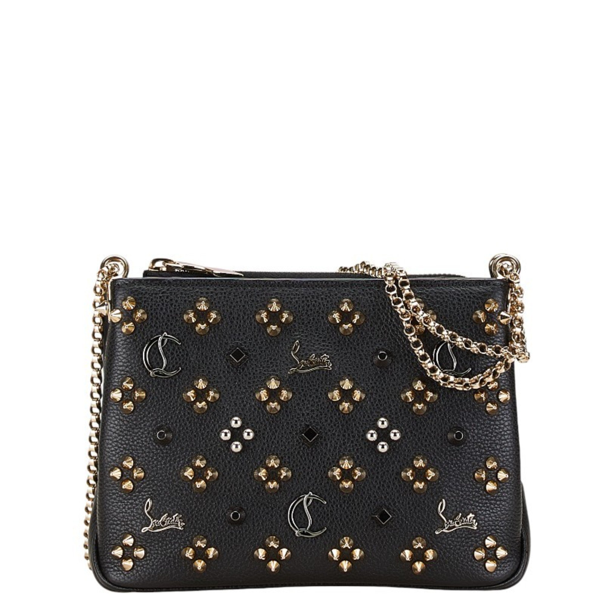 Christian Louboutin Studded Chain Shoulder Bag Black Leather Women's