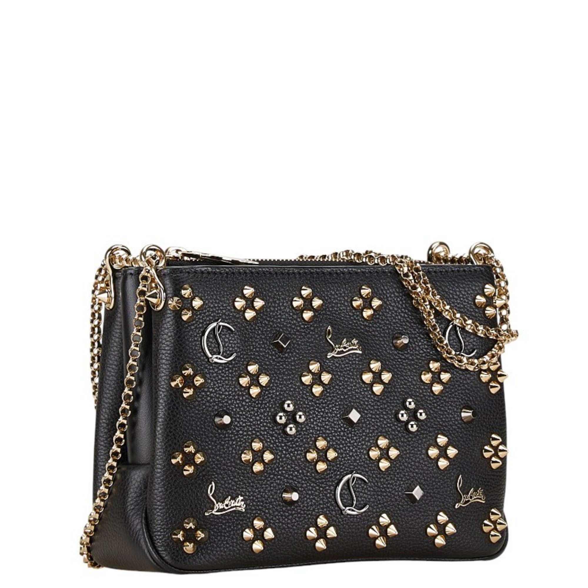 Christian Louboutin Studded Chain Shoulder Bag Black Leather Women's