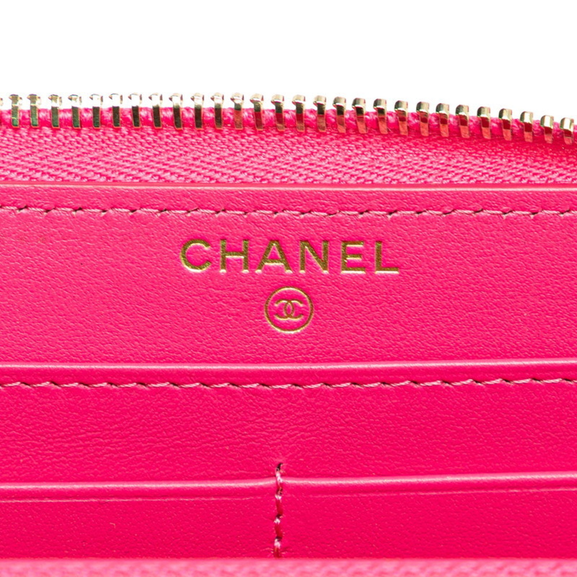 Chanel Camellia Coco Mark Zippy Wallet Long Dark Pink Caviar Skin Women's CHANEL