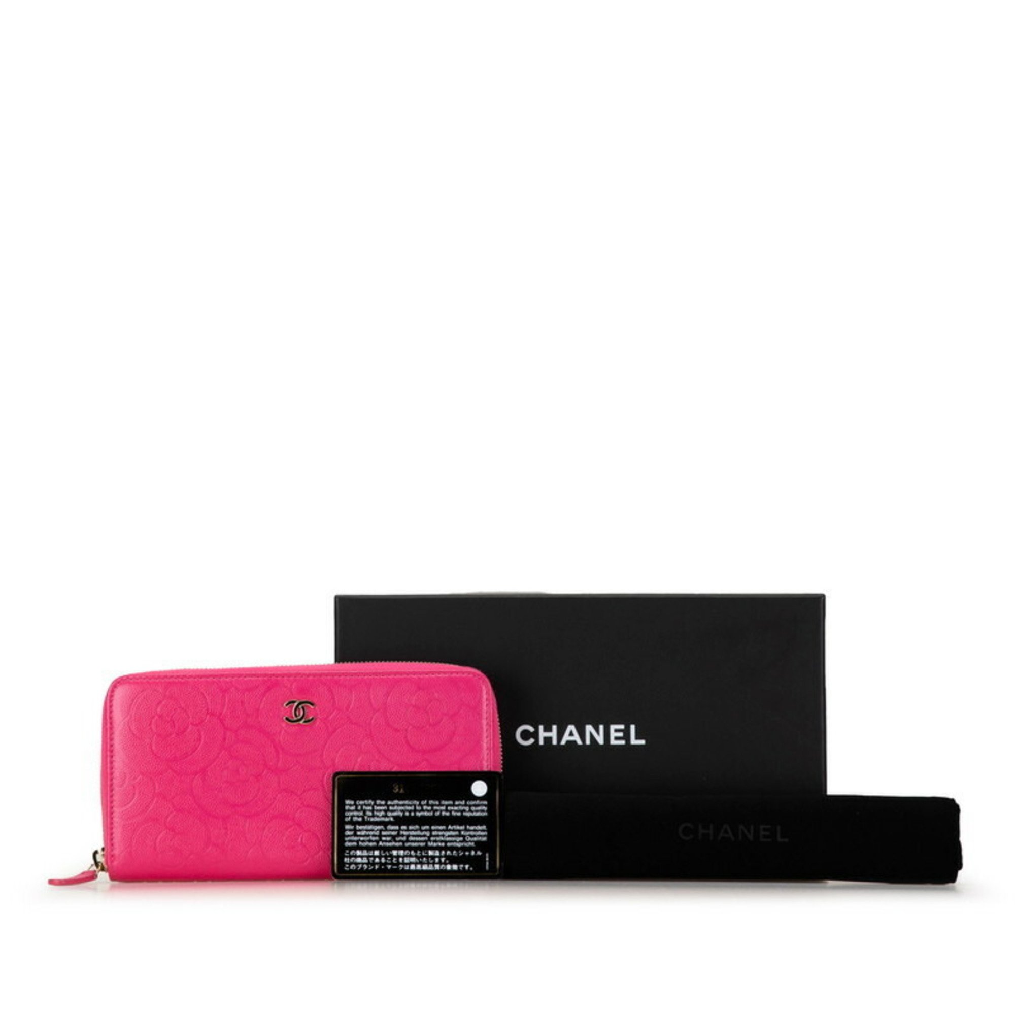 Chanel Camellia Coco Mark Zippy Wallet Long Dark Pink Caviar Skin Women's CHANEL