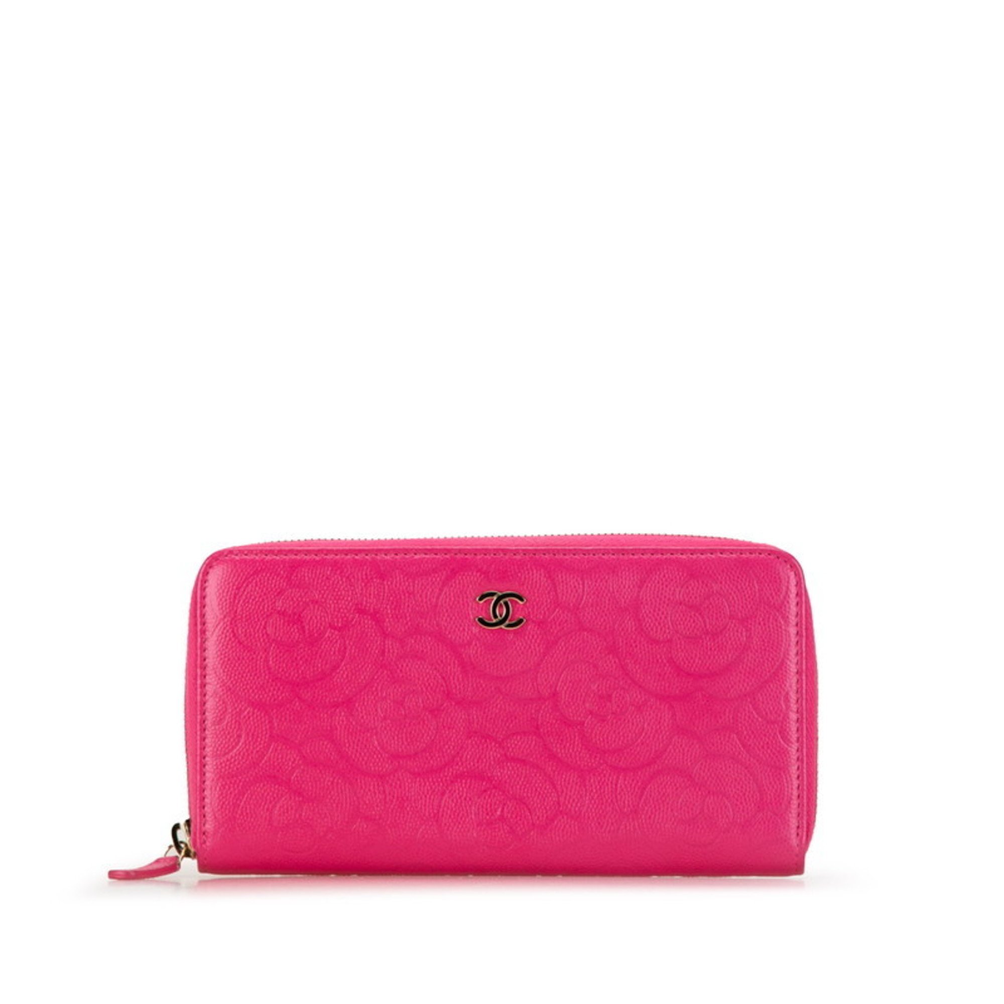 Chanel Camellia Coco Mark Zippy Wallet Long Dark Pink Caviar Skin Women's CHANEL