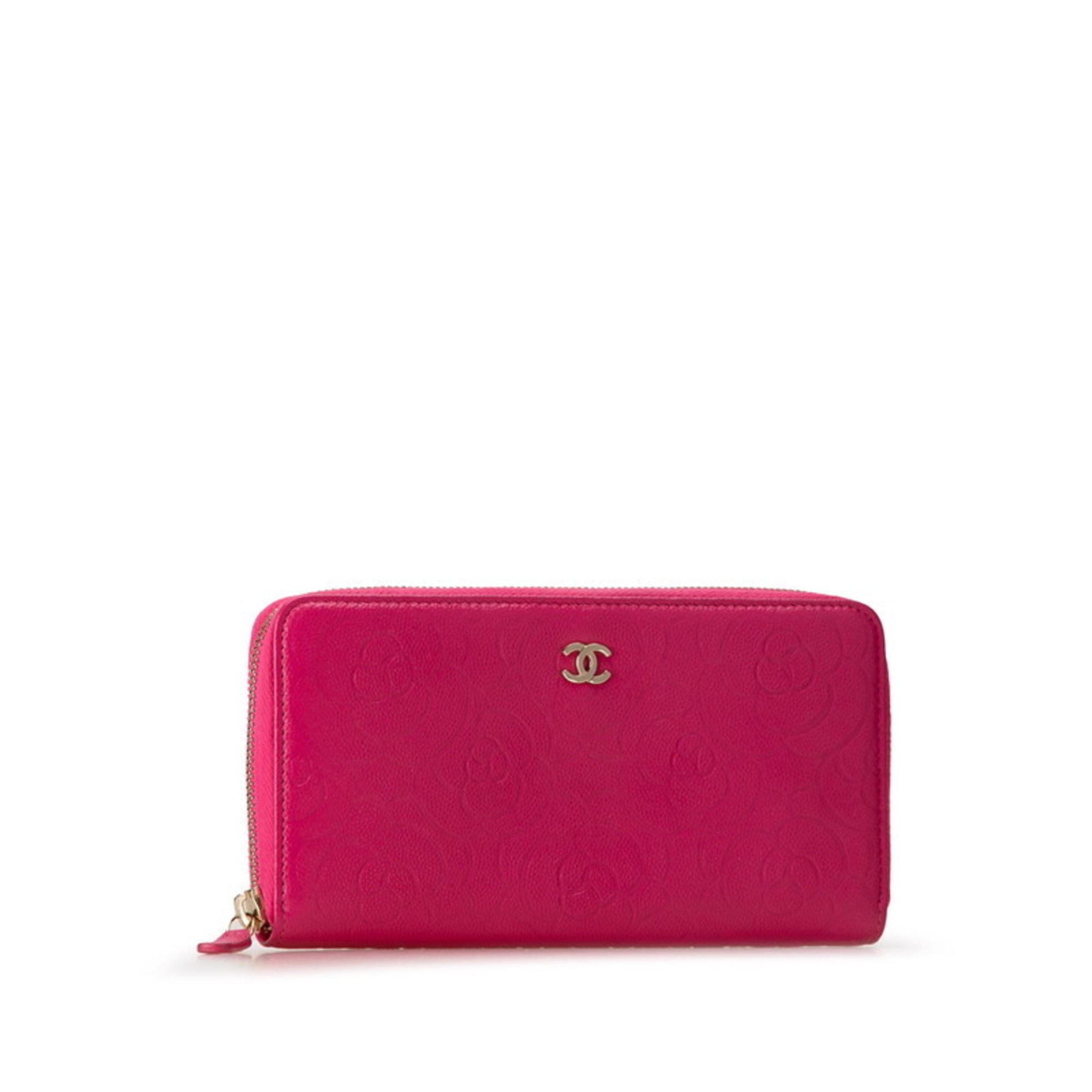 Chanel Camellia Coco Mark Zippy Wallet Long Dark Pink Caviar Skin Women's CHANEL