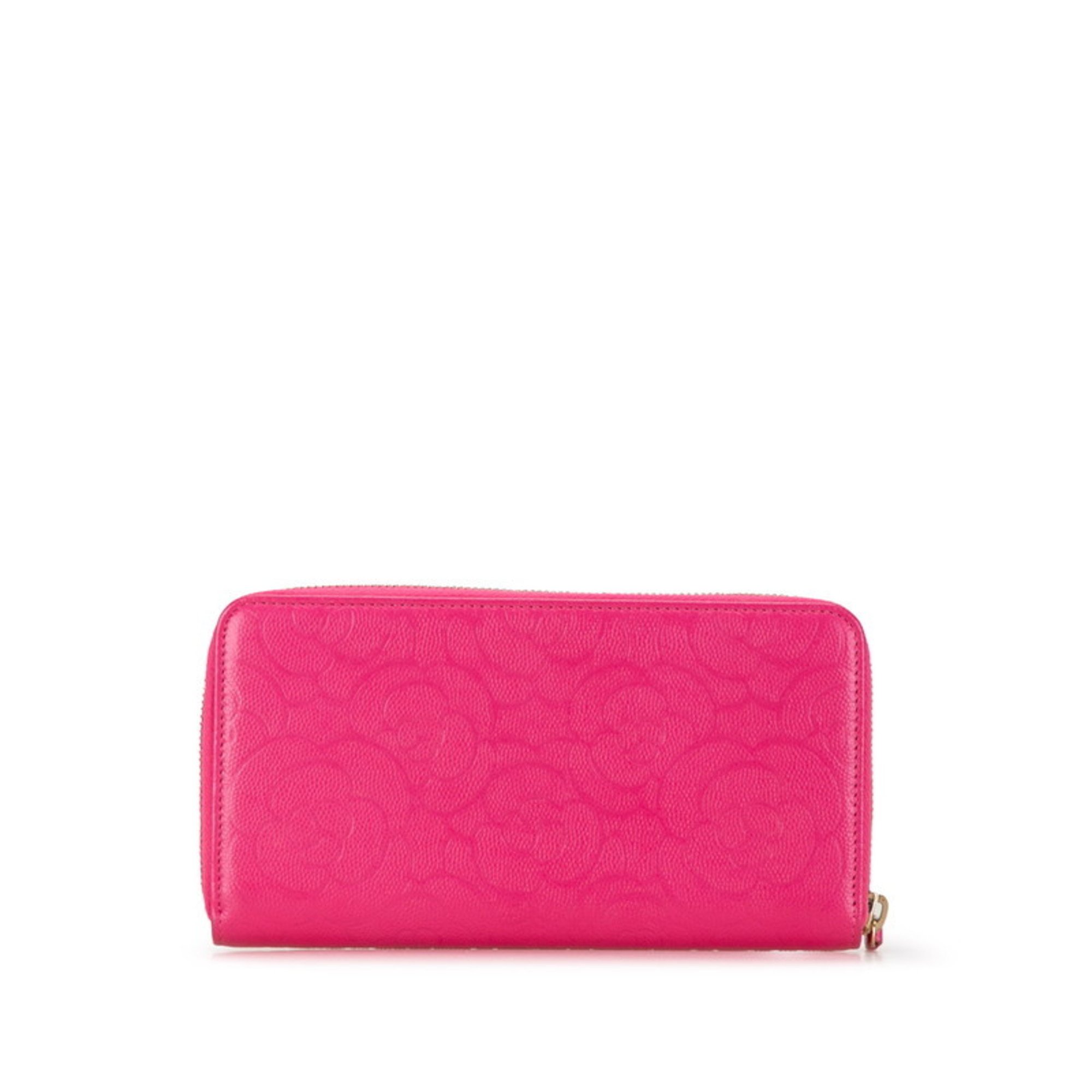 Chanel Camellia Coco Mark Zippy Wallet Long Dark Pink Caviar Skin Women's CHANEL