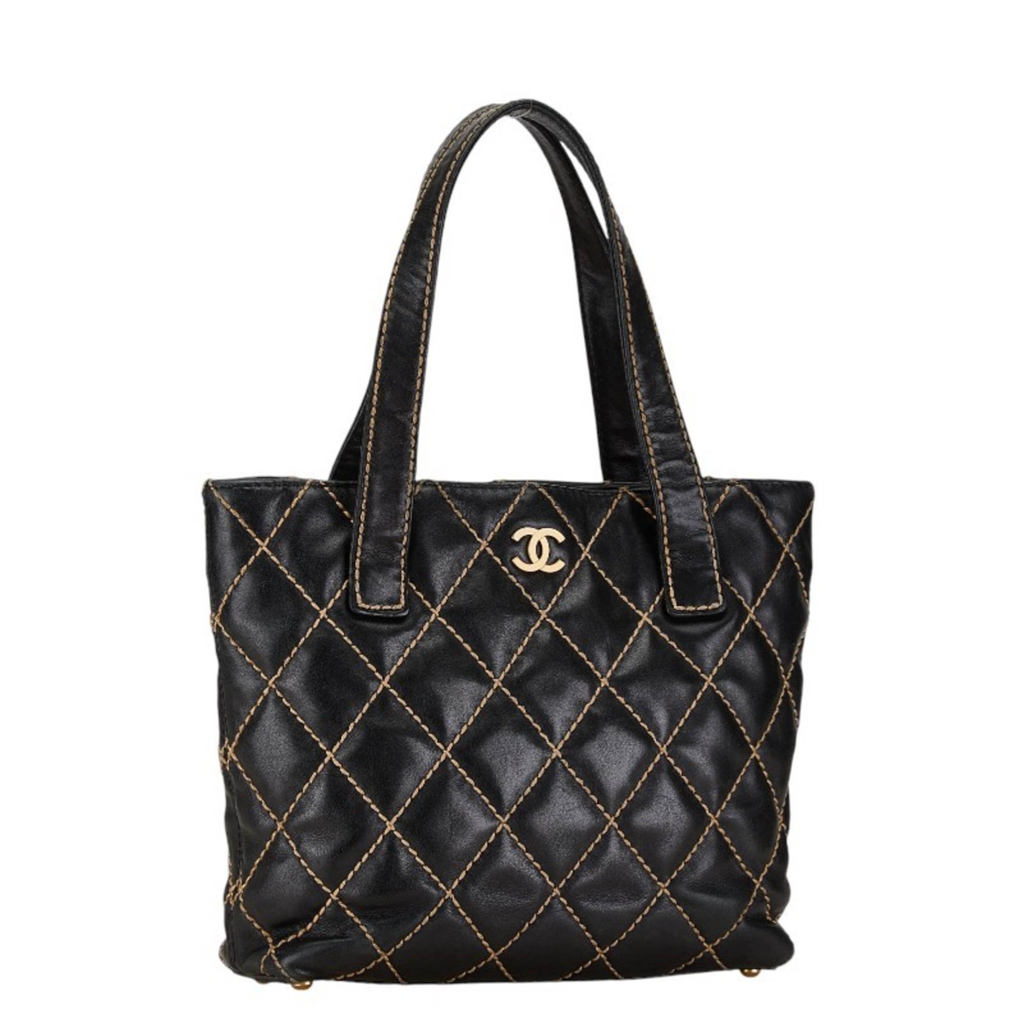 CHANEL Matelasse Coco Mark Wild Stitch Tote Bag Shoulder Navy Lambskin Women's