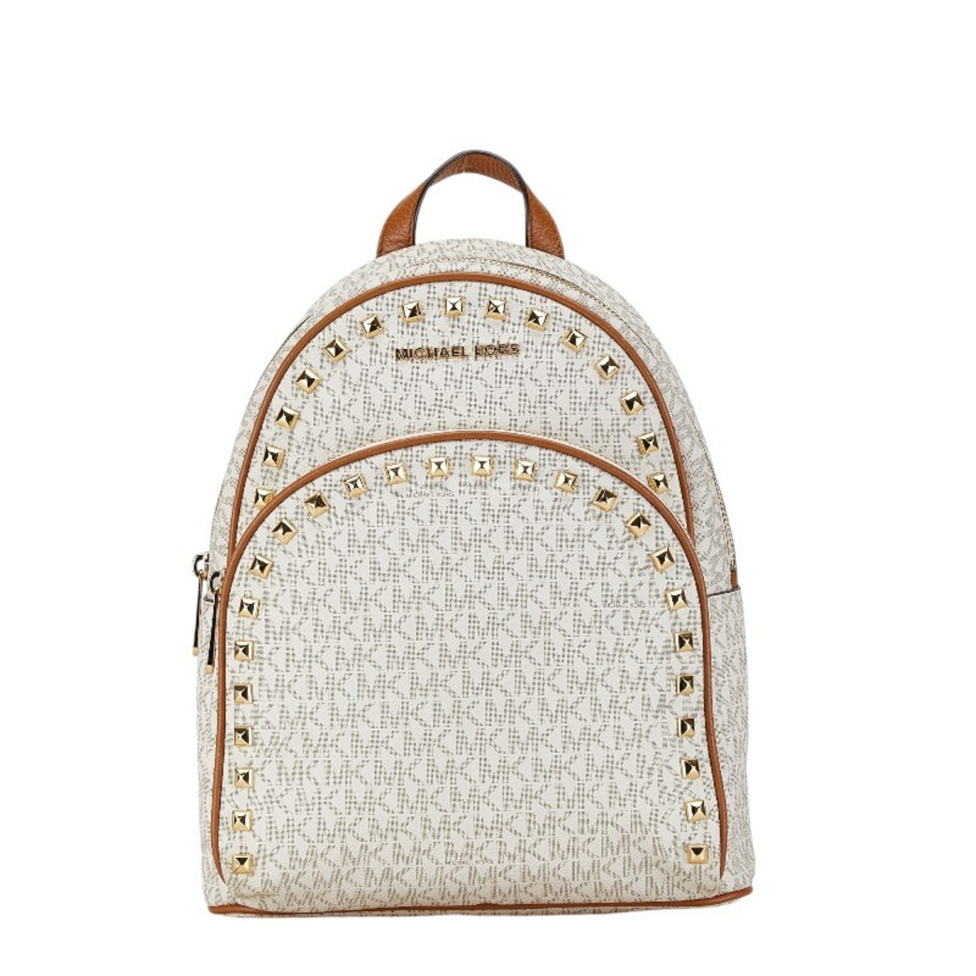 Michael Kors MK Monogram Studded Backpack White Brown PVC Leather Women's