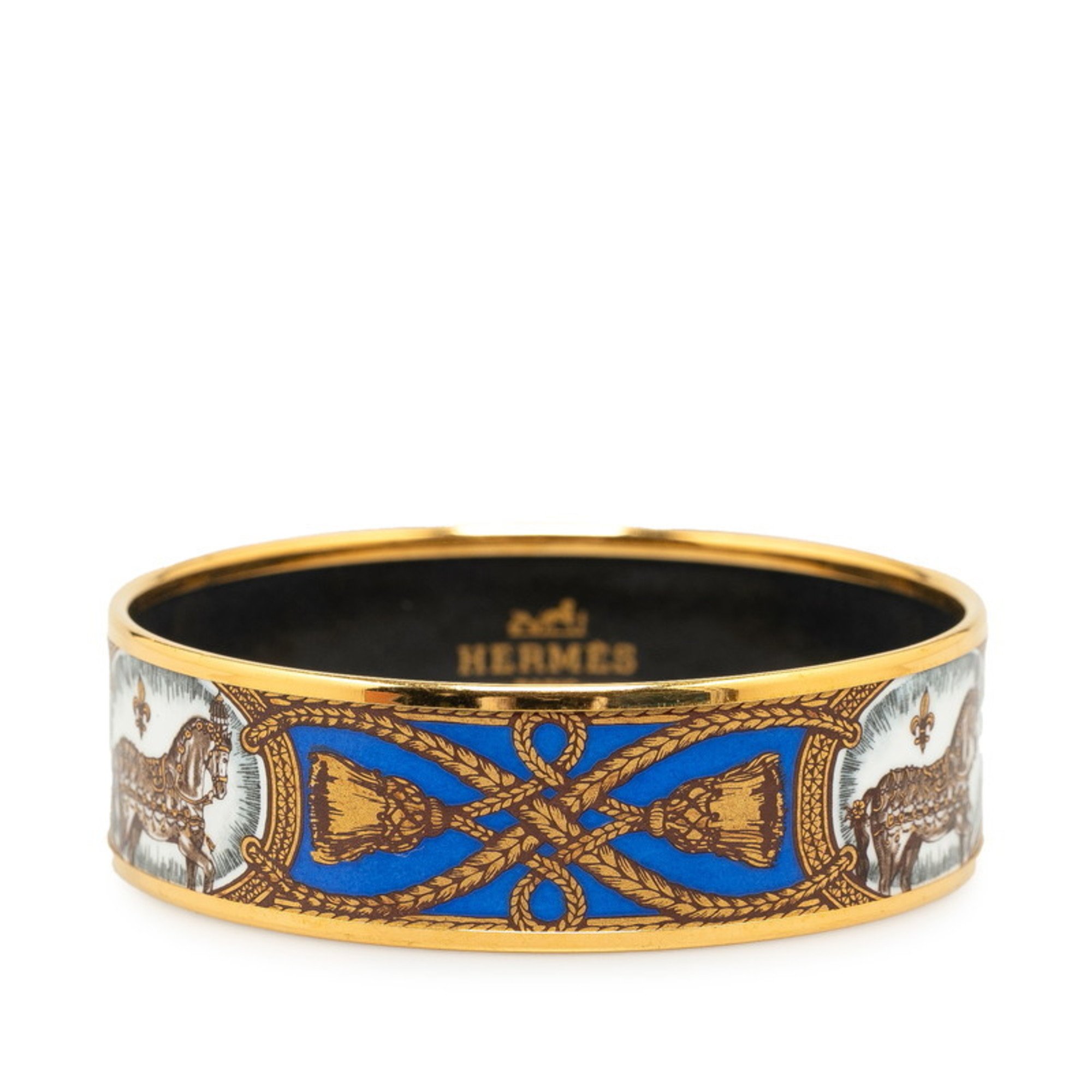 Hermes enamel GM cloisonné bangle, horse motif gold, blue, multi-color, plated, for women, HERMES