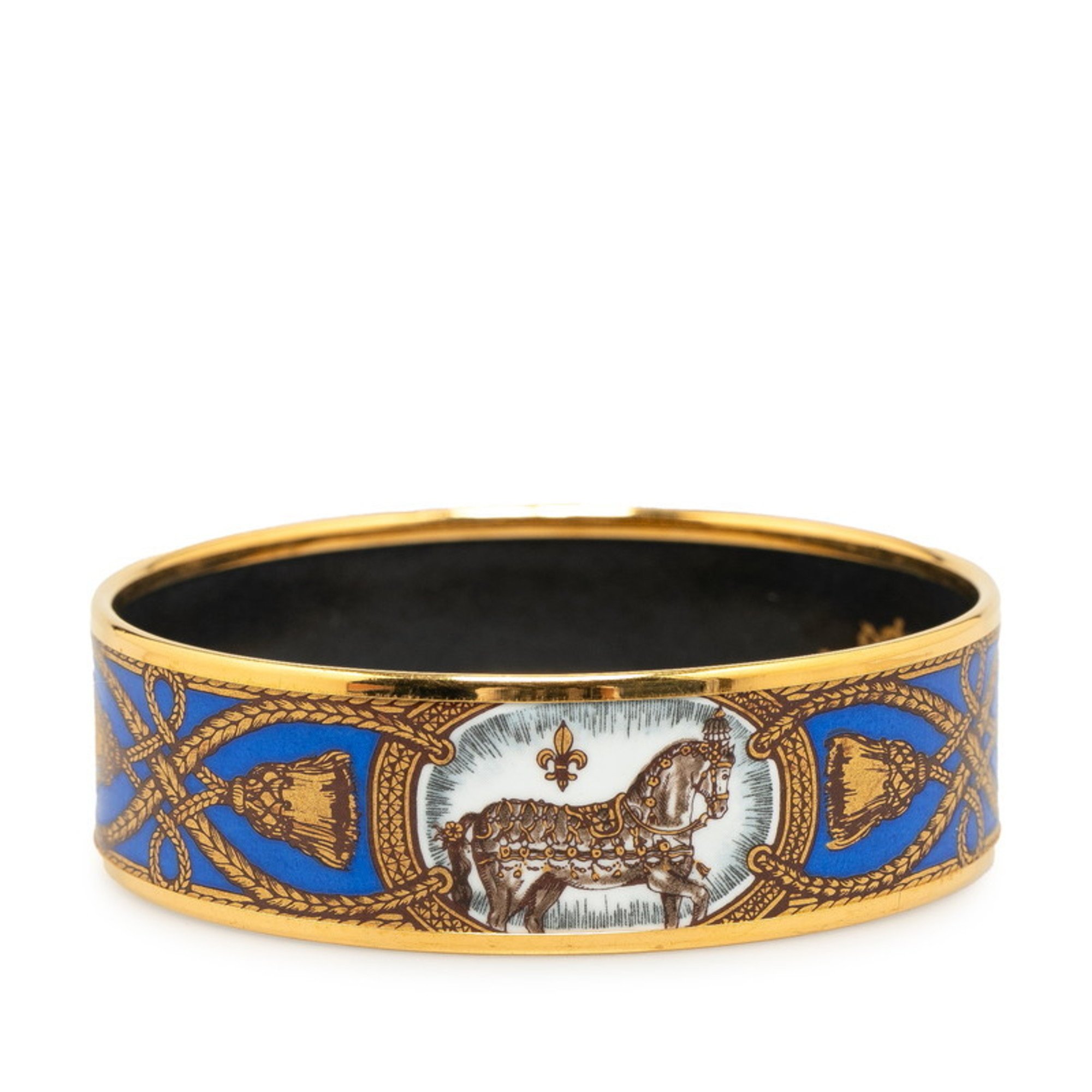 Hermes enamel GM cloisonné bangle, horse motif gold, blue, multi-color, plated, for women, HERMES