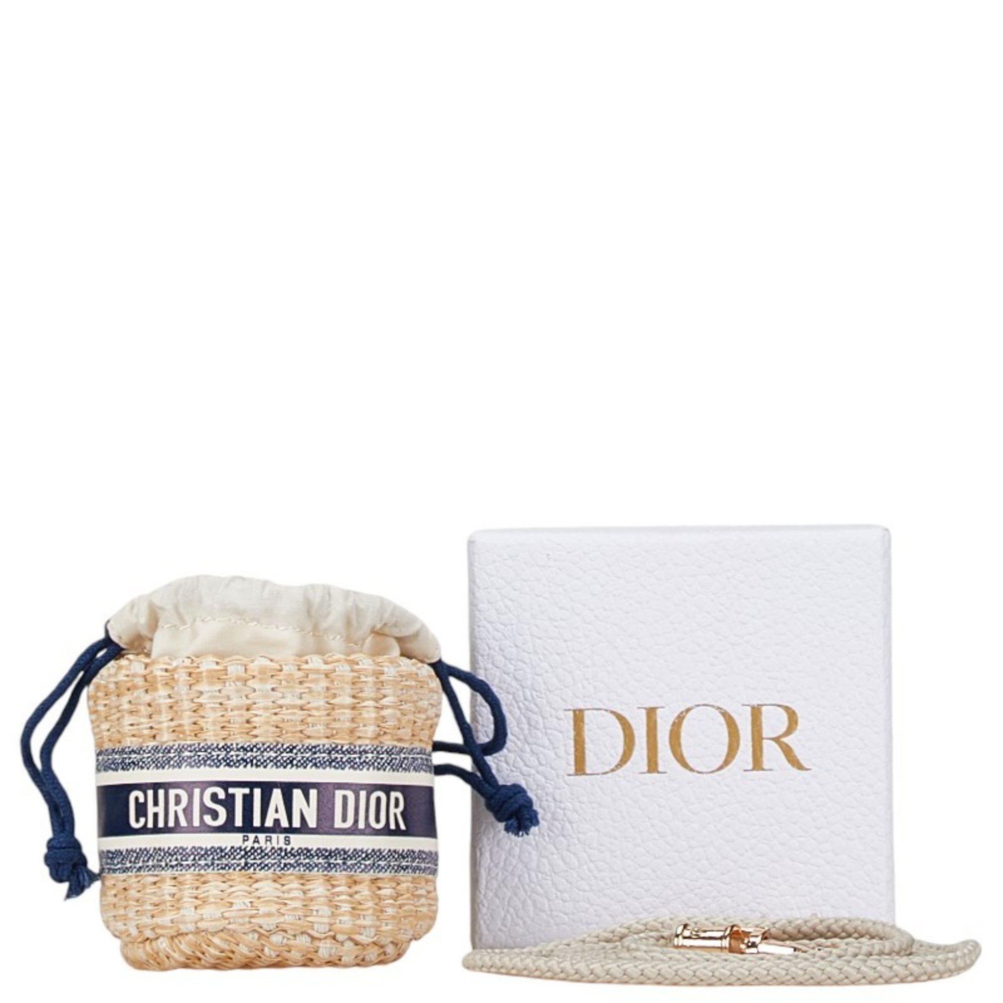 Christian Dior Dior pouch shoulder bag beige navy white raffia cotton women's