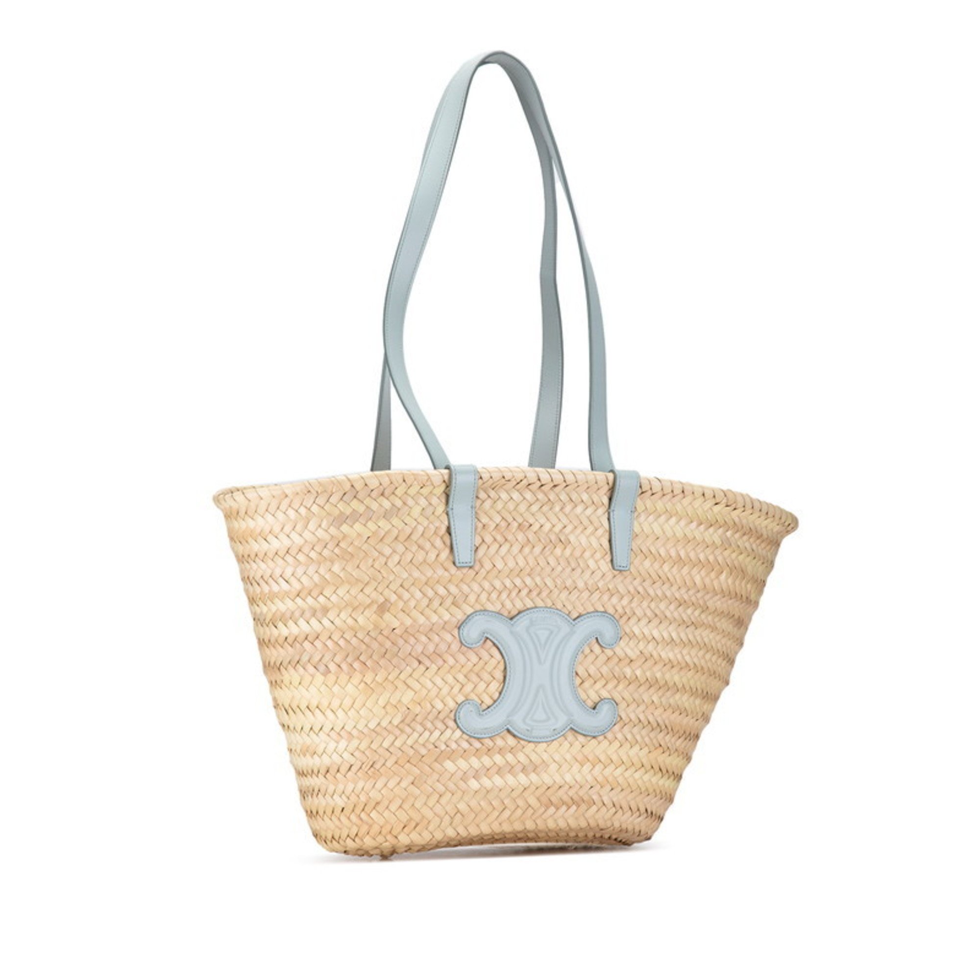 Celine Triomphe Tote Bag Shoulder Beige Light Blue Raffia Leather Women's CELINE