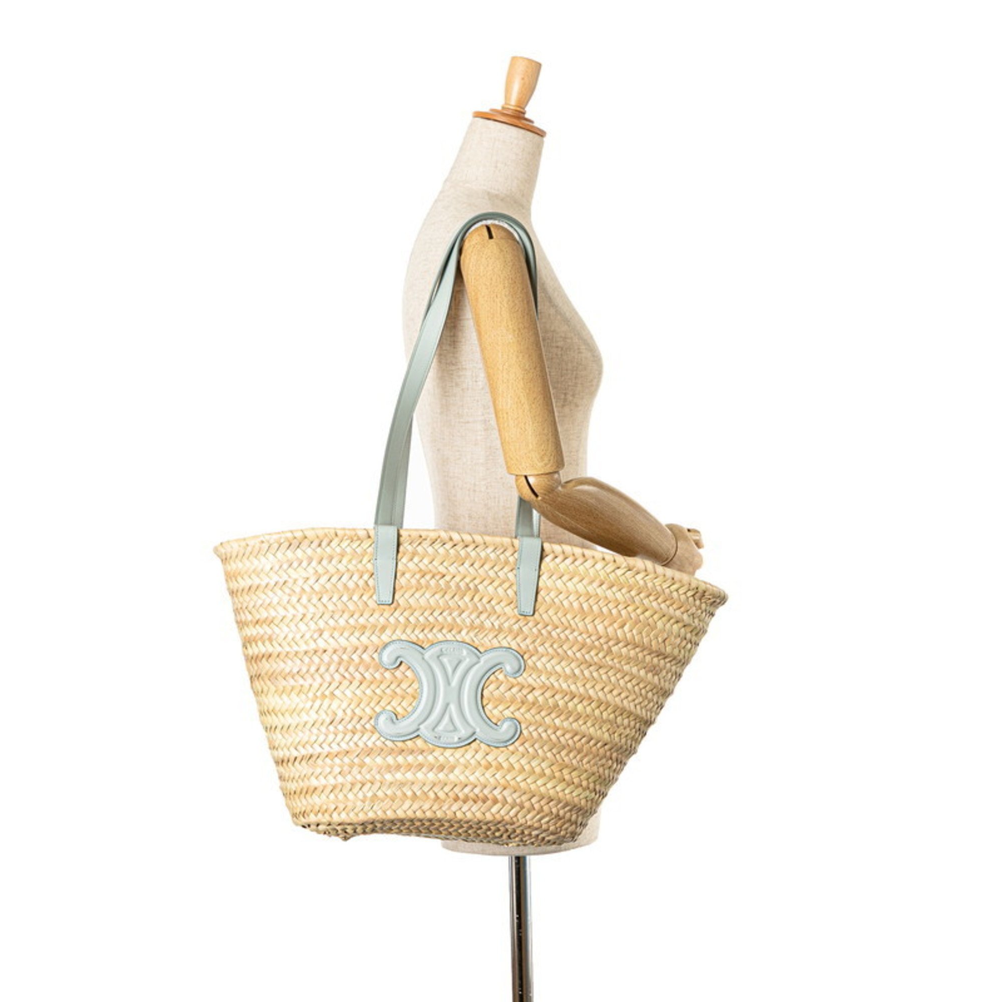 Celine Triomphe Tote Bag Shoulder Beige Light Blue Raffia Leather Women's CELINE