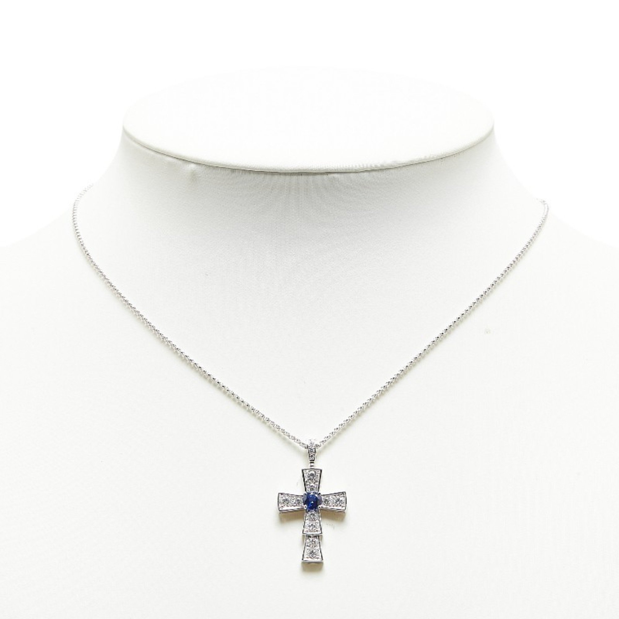 BVLGARI Sapphire Diamond Cross Necklace Silver Blue K18WG White Gold Women's