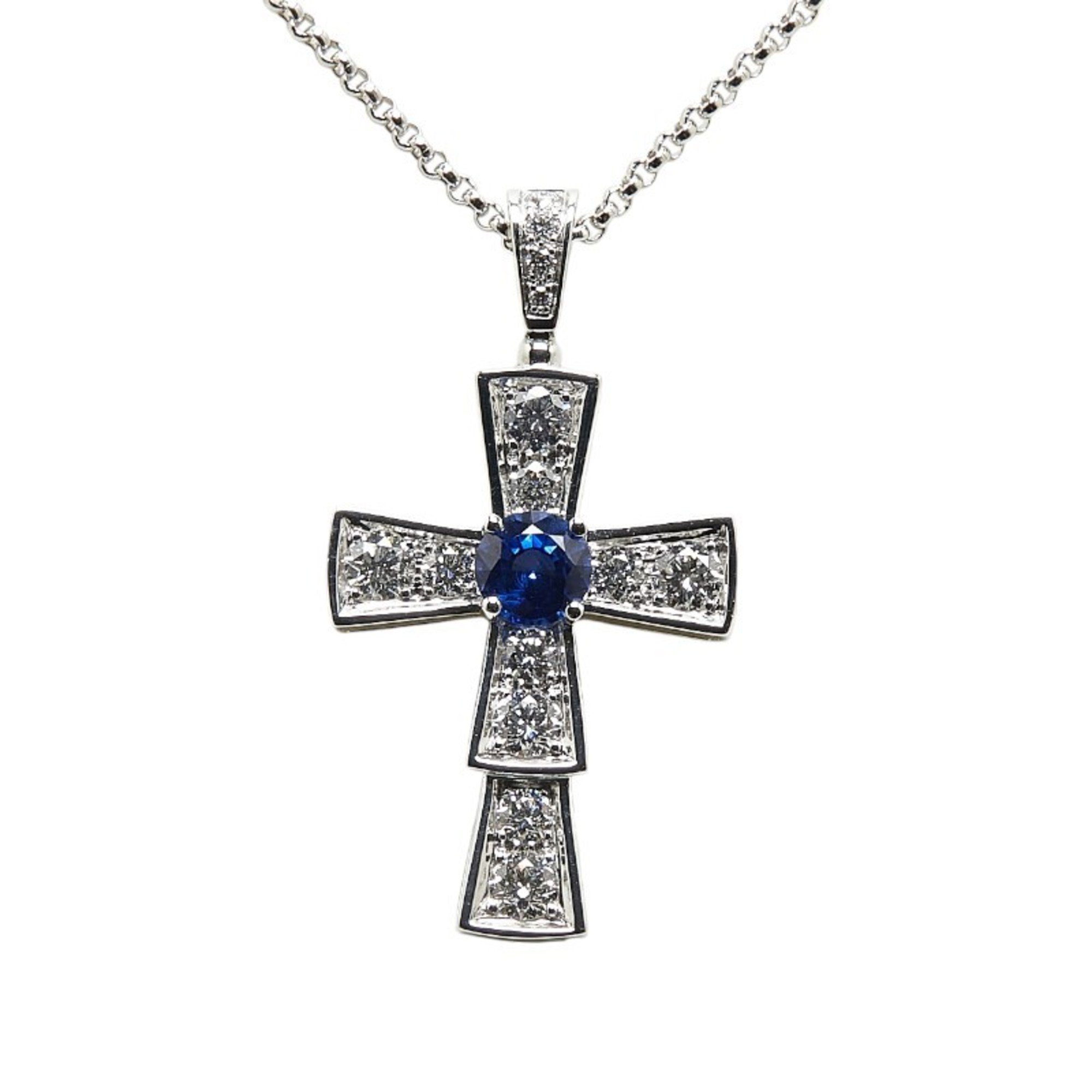 BVLGARI Sapphire Diamond Cross Necklace Silver Blue K18WG White Gold Women's