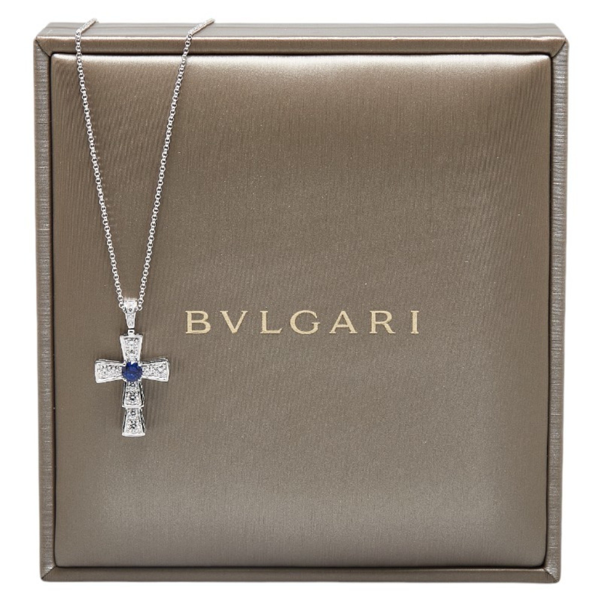 BVLGARI Sapphire Diamond Cross Necklace Silver Blue K18WG White Gold Women's