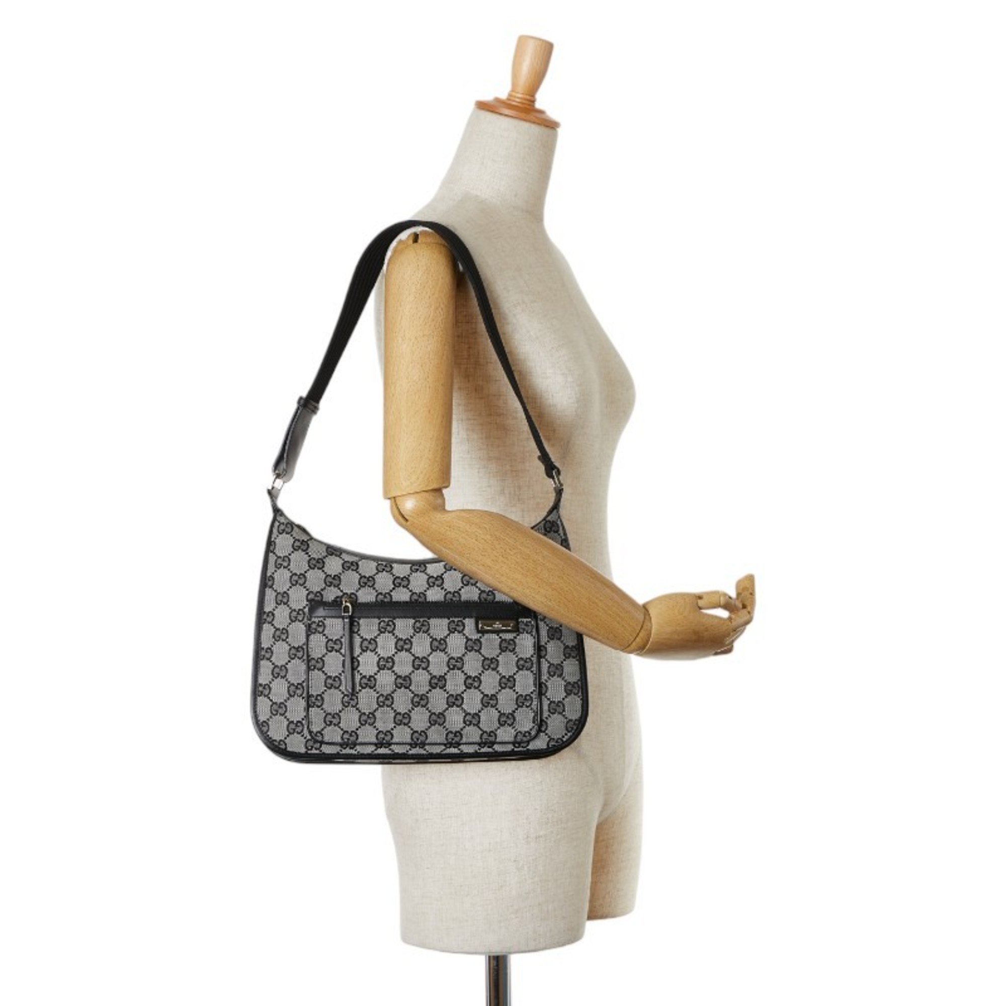 Gucci GG Canvas Bag Handbag 001 4198 001913 Grey Black Leather Women's GUCCI