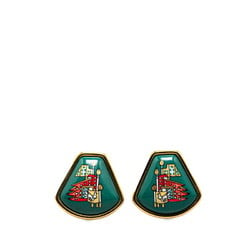 Hermes enamel flag fan-shaped cloisonné earrings green gold multi-color plated women's HERMES