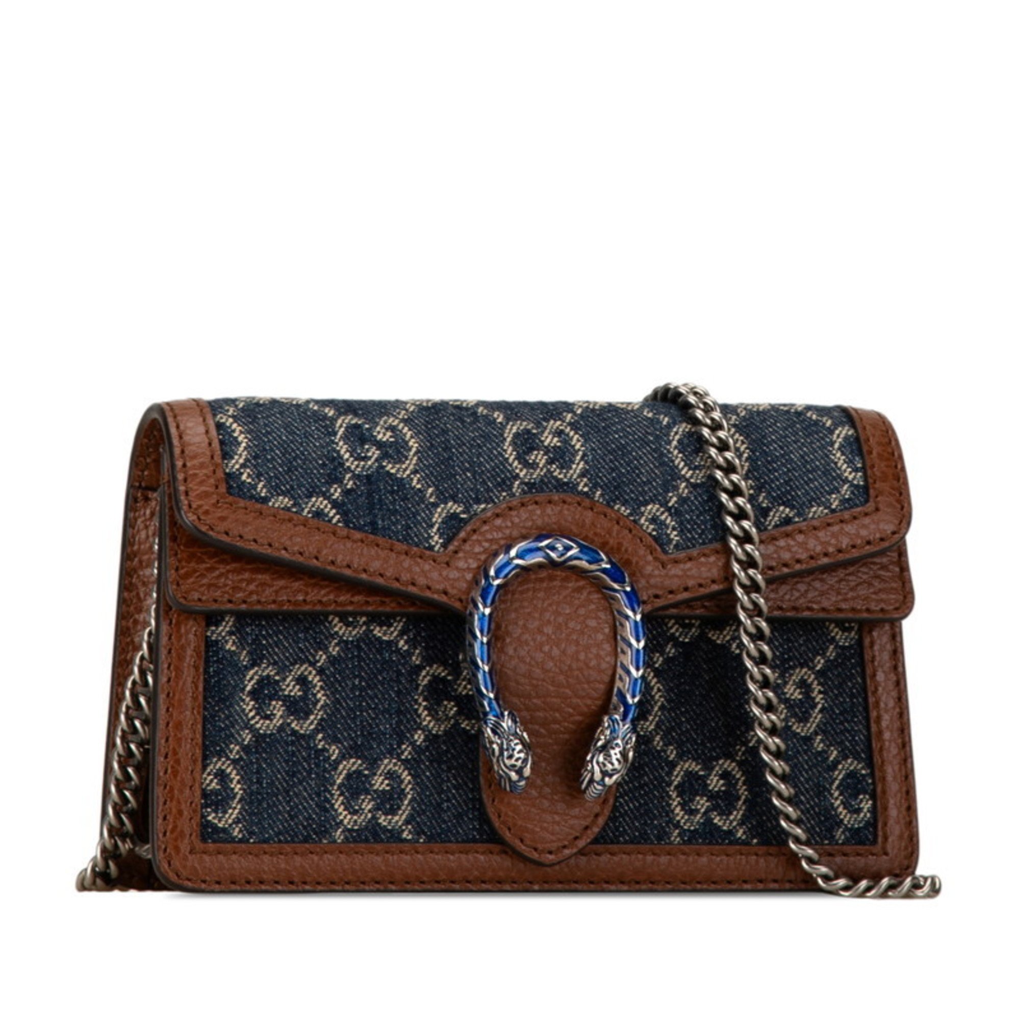 Gucci GG Denim Dionysus Chain Shoulder Bag 476432 0416 Navy Brown Leather Women's GUCCI