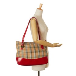 Burberry Nova Check Tote Bag Beige Red Canvas Leather Women's BURBERRY