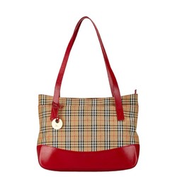 Burberry Nova Check Tote Bag Beige Red Canvas Leather Women's BURBERRY