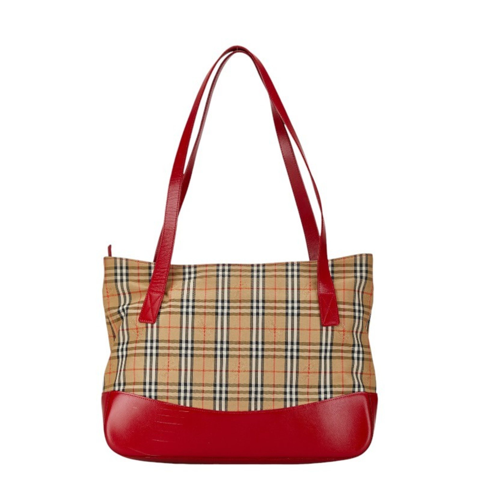 Burberry Nova Check Tote Bag Beige Red Canvas Leather Women's BURBERRY