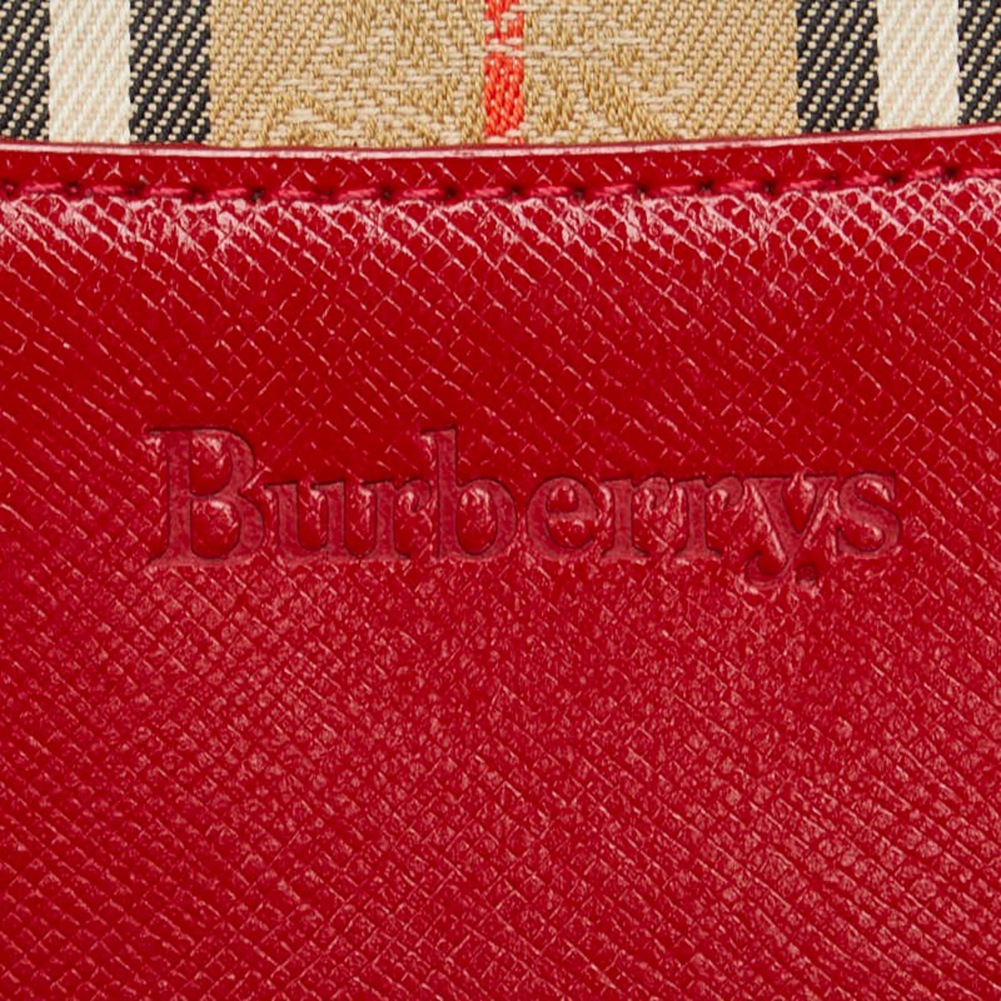 Burberry Nova Check Tote Bag Beige Red Canvas Leather Women's BURBERRY