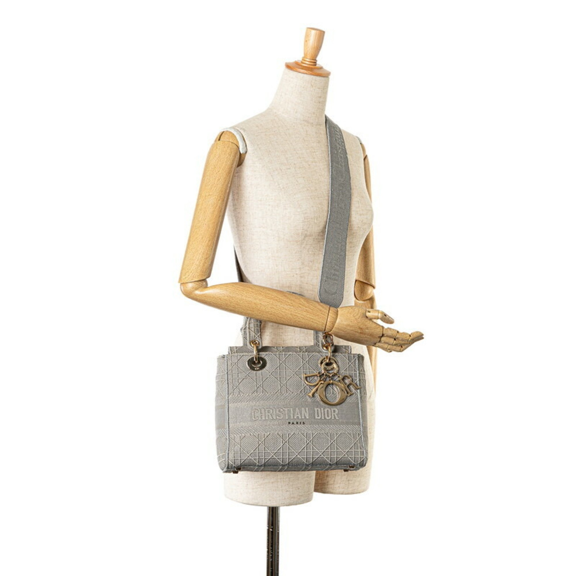 Christian Dior Dior Cannage Diorissimo Lady Handbag Shoulder Bag Grey Canvas Women's