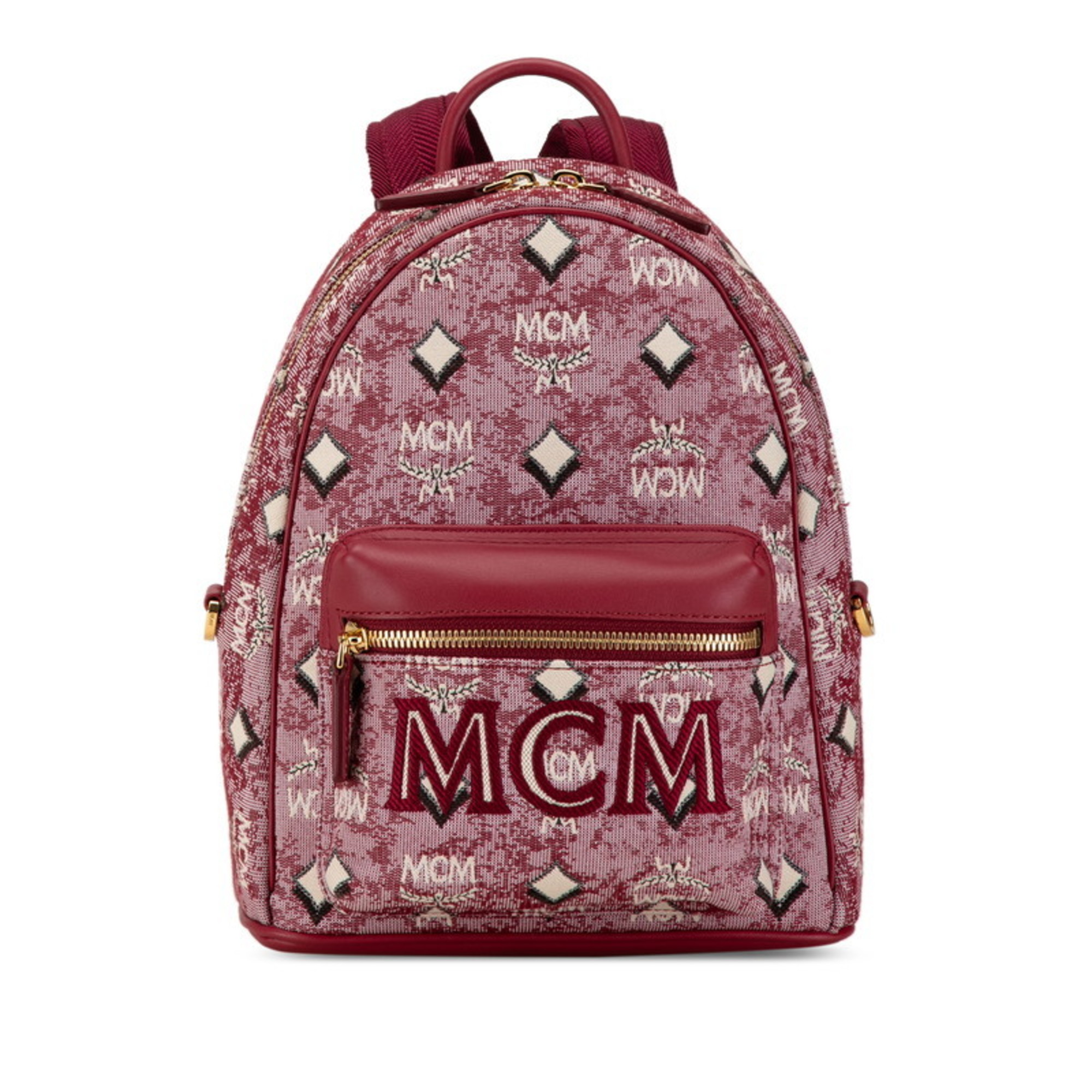 MCM Stark Jacquard Backpack Red Fabric Leather Women's