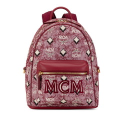 MCM Stark Jacquard Backpack Red Fabric Leather Women's