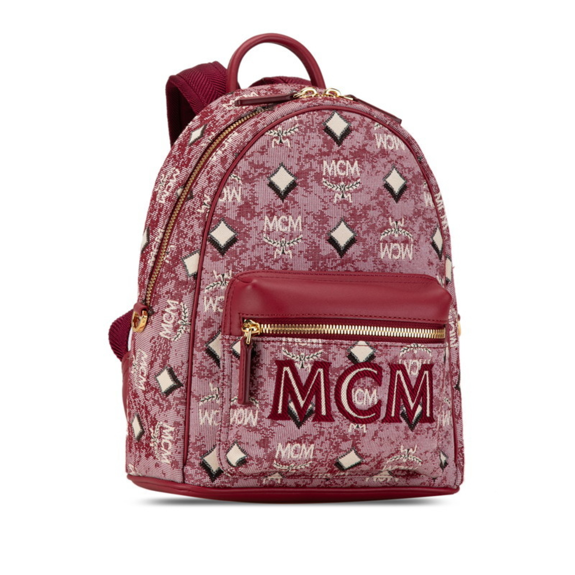 MCM Stark Jacquard Backpack Red Fabric Leather Women's