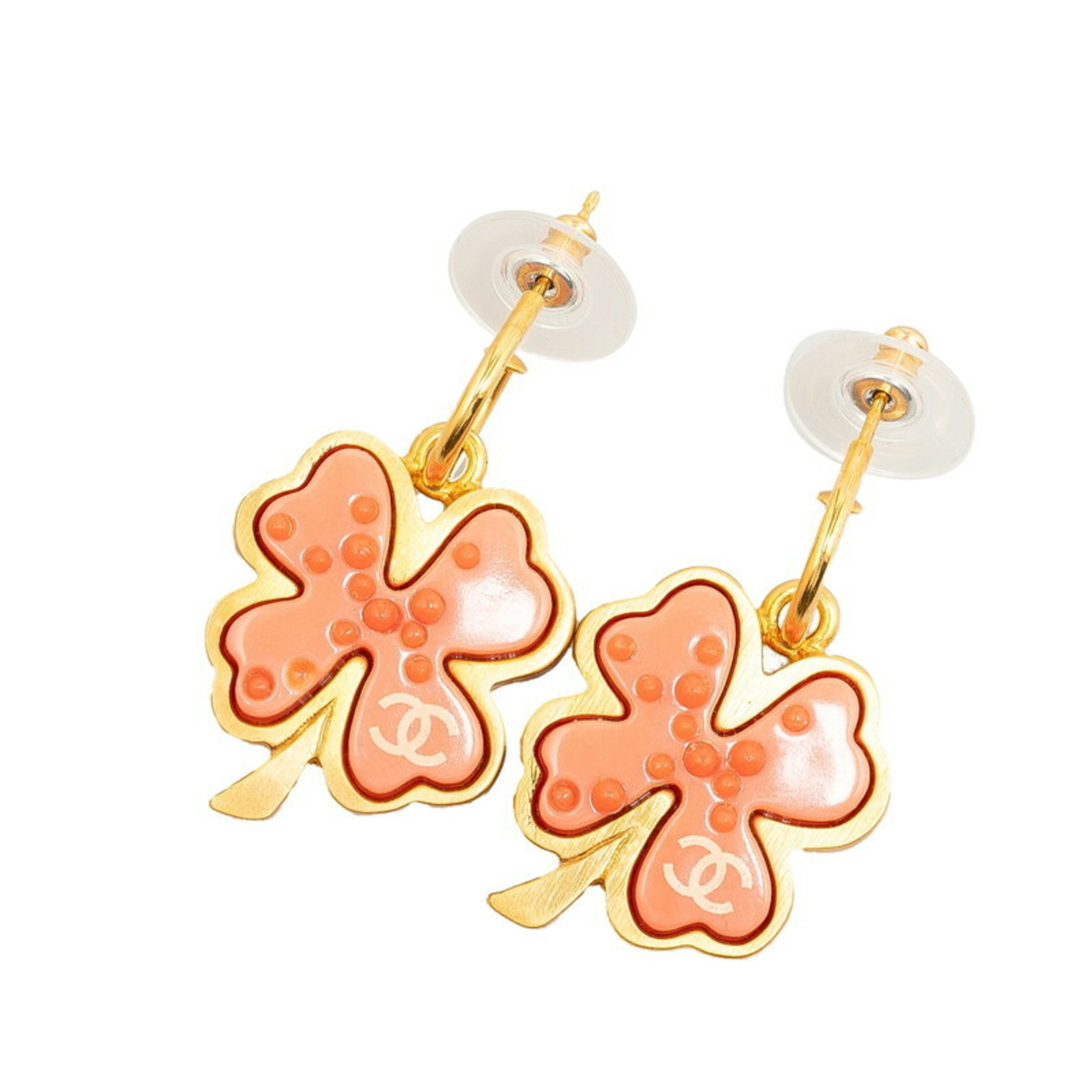 Chanel Coco Mark Clover Motif Swing Earrings Gold Pink Plated Plastic Women's CHANEL