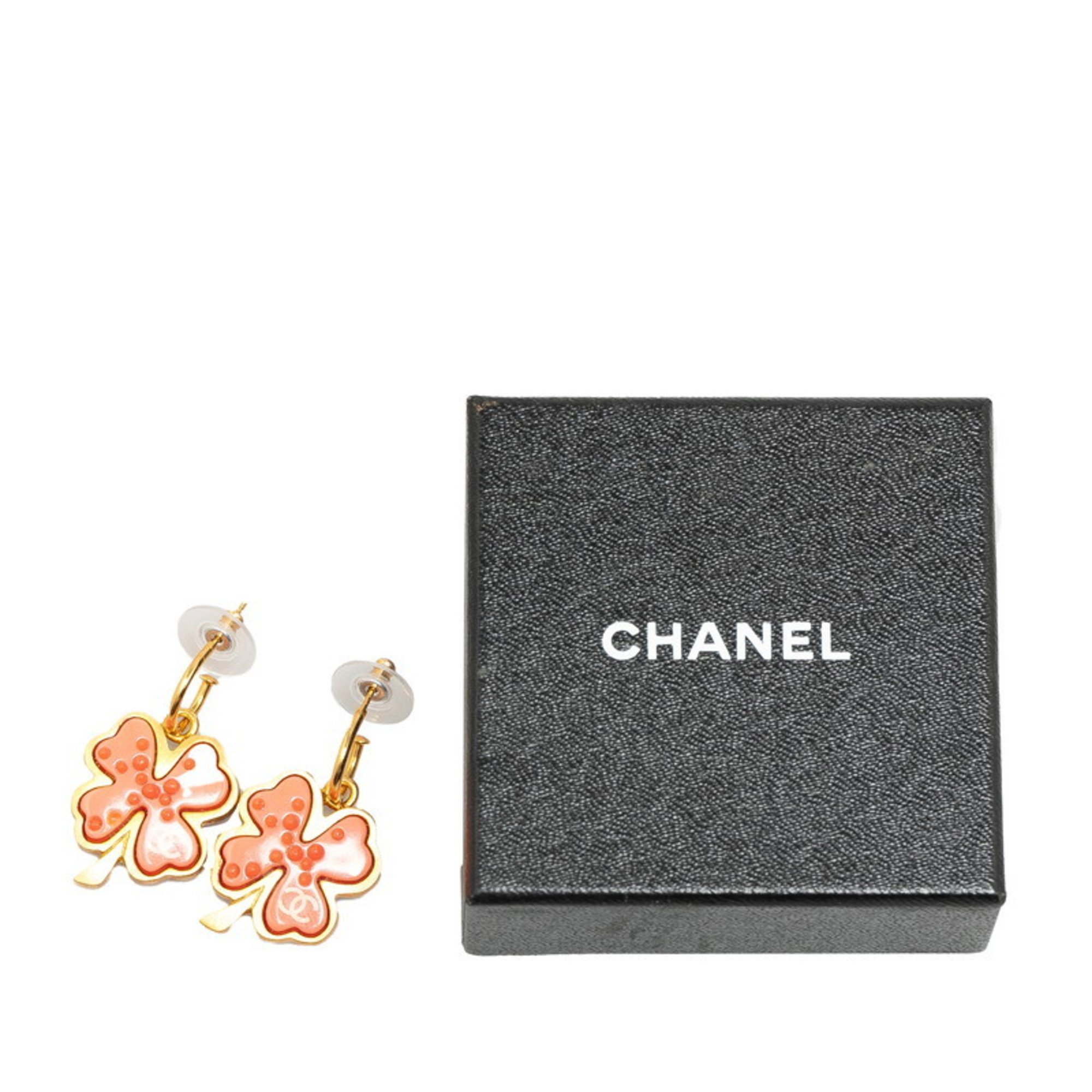 Chanel Coco Mark Clover Motif Swing Earrings Gold Pink Plated Plastic Women's CHANEL