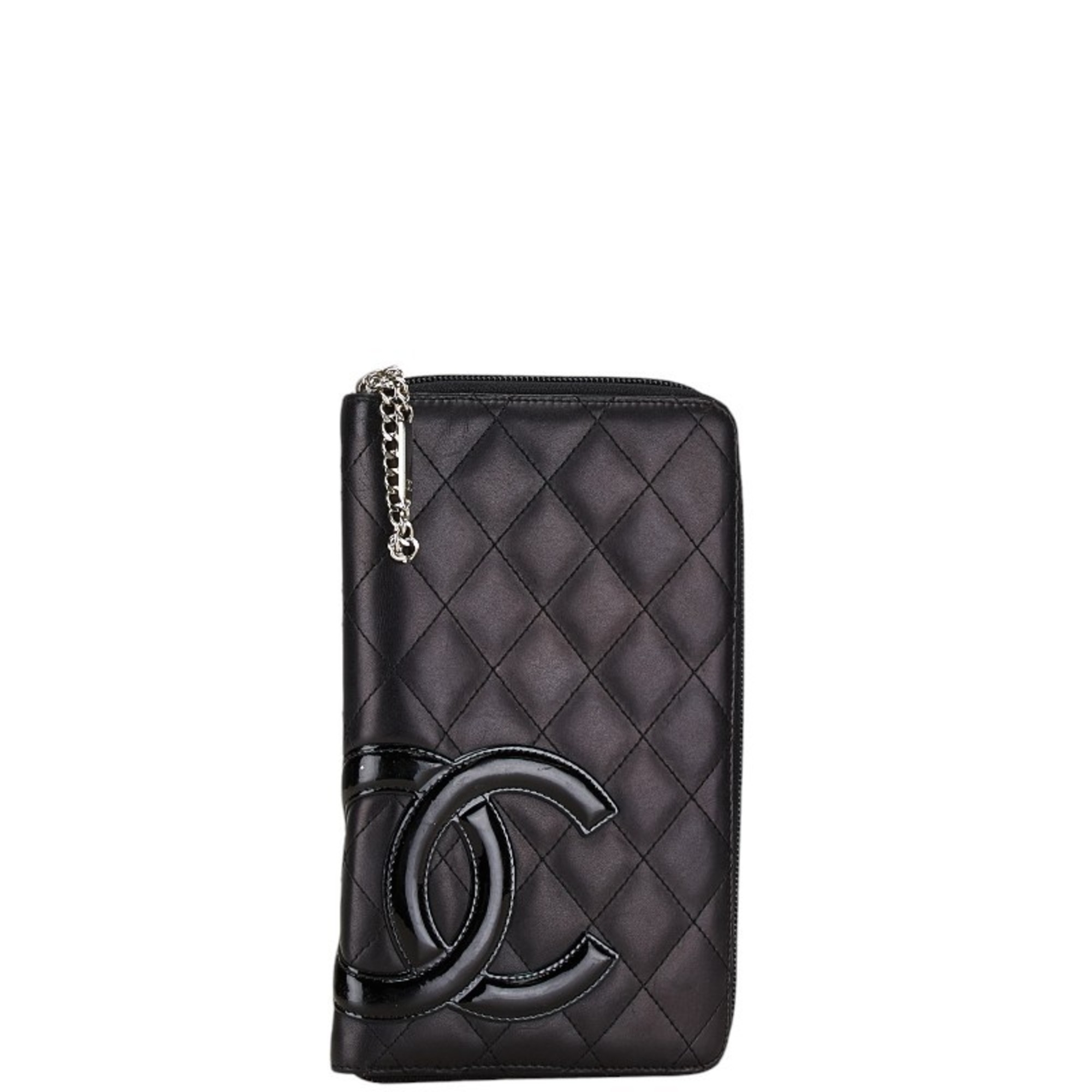 CHANEL Matelasse Cambon Line Coco Mark Round Long Wallet Black Lambskin Women's