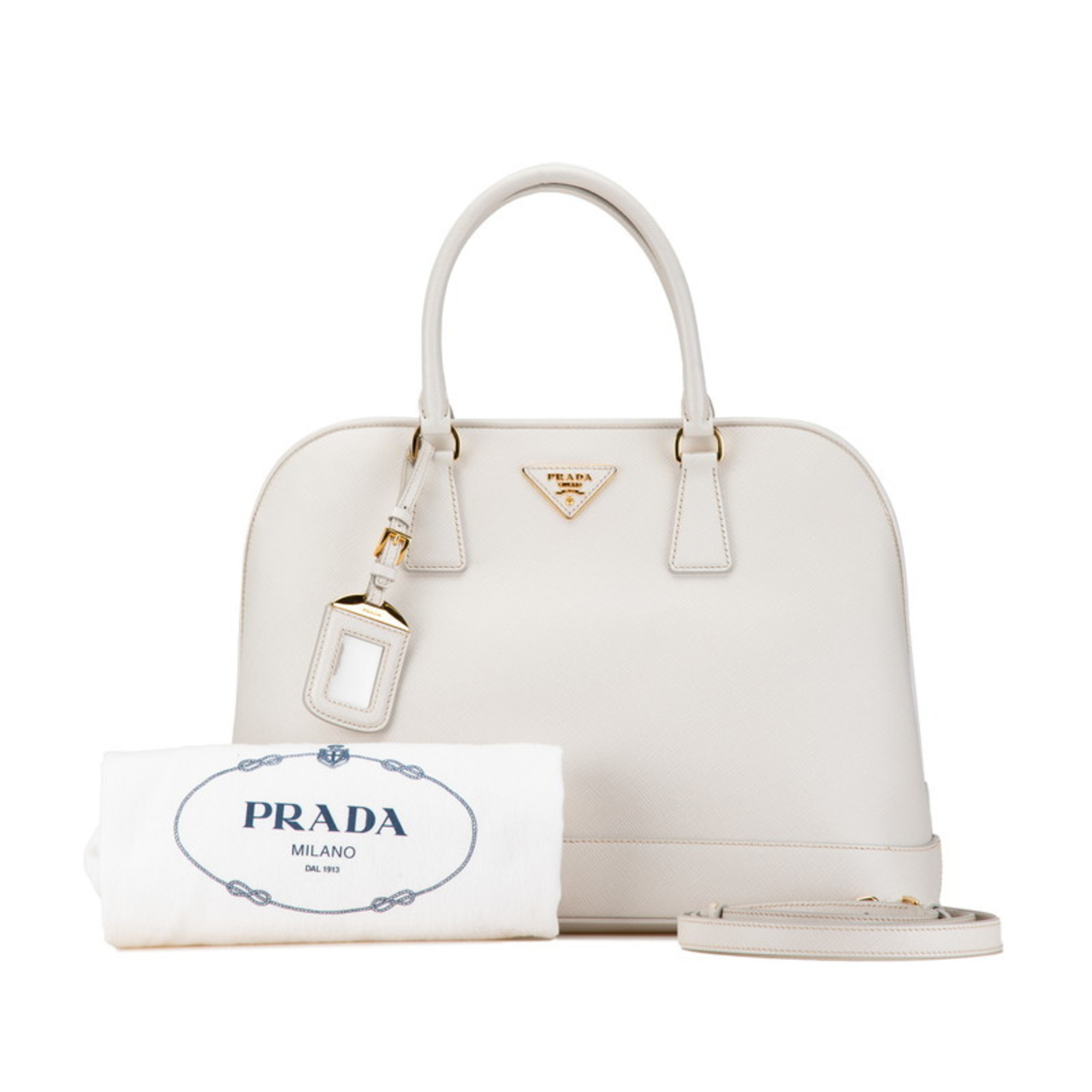 Prada Triangle Plate Handbag Shoulder Bag White Beige Leather Women's PRADA