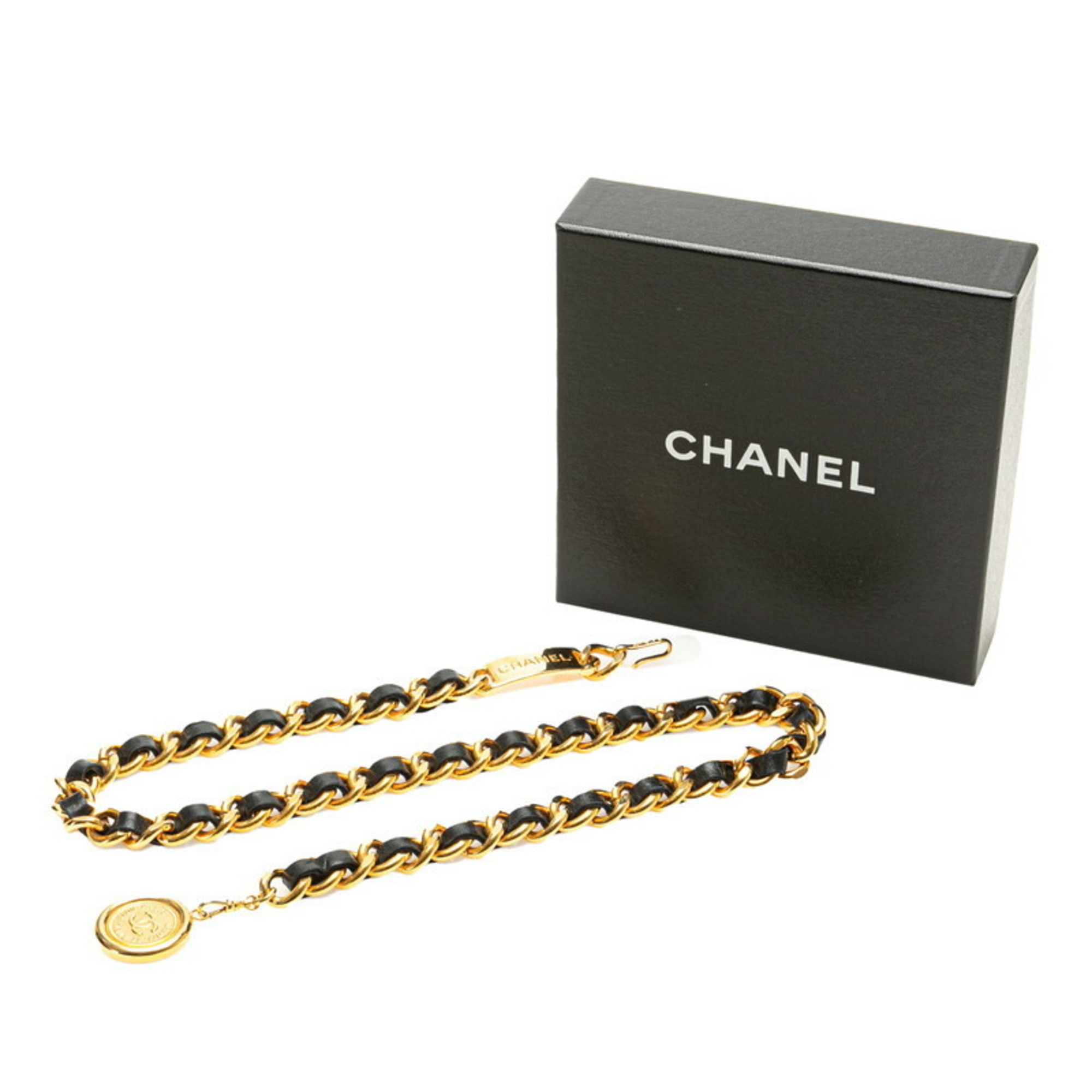 Chanel Medallion Plate Chain Belt Black Gold Plated Leather Women's CHANEL