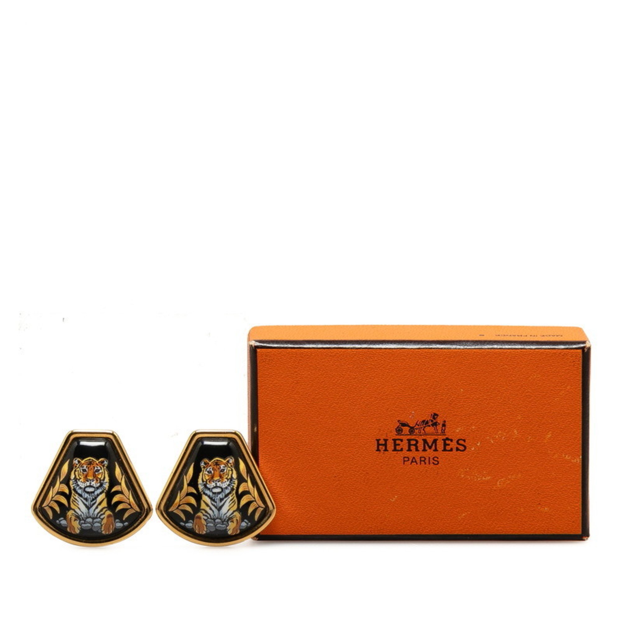 Hermes enamel cloisonné tiger earrings gold black plated women's HERMES