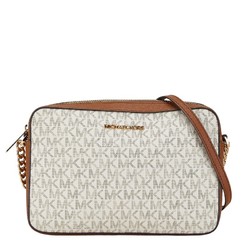 Michael Kors MK Monogram Chain Shoulder Bag White Brown PVC Leather Women's