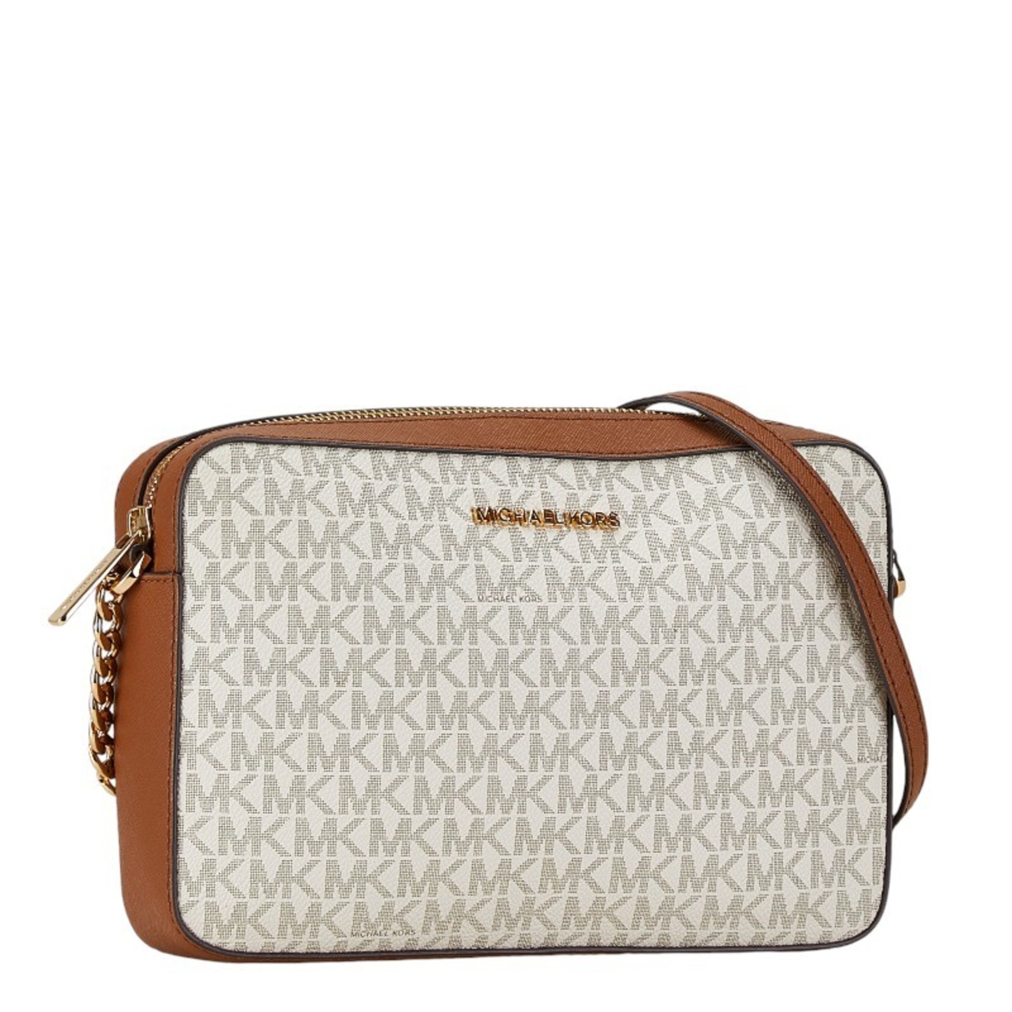 Michael Kors MK Monogram Chain Shoulder Bag White Brown PVC Leather Women's