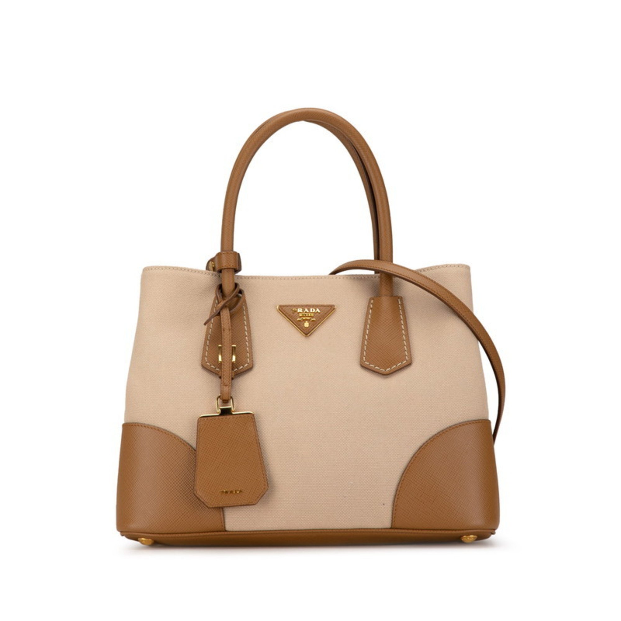 Prada Triangle Plate Handbag Shoulder Bag BN2887 Beige Brown Canvas Leather Women's PRADA