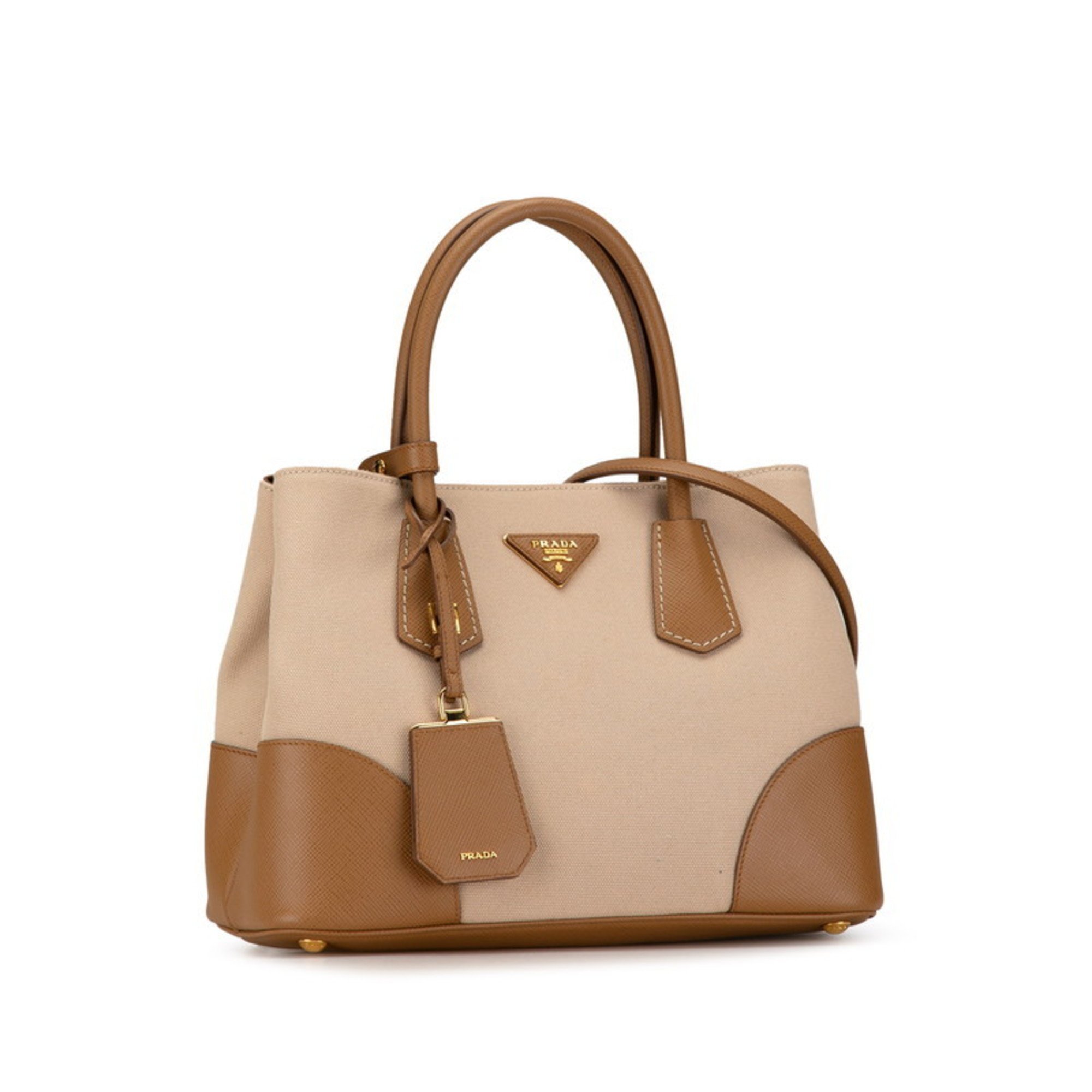 Prada Triangle Plate Handbag Shoulder Bag BN2887 Beige Brown Canvas Leather Women's PRADA