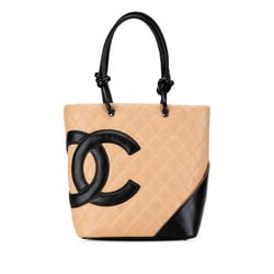 CHANEL Cambon Line Coco Mark Tote Bag Beige Black Leather Women's