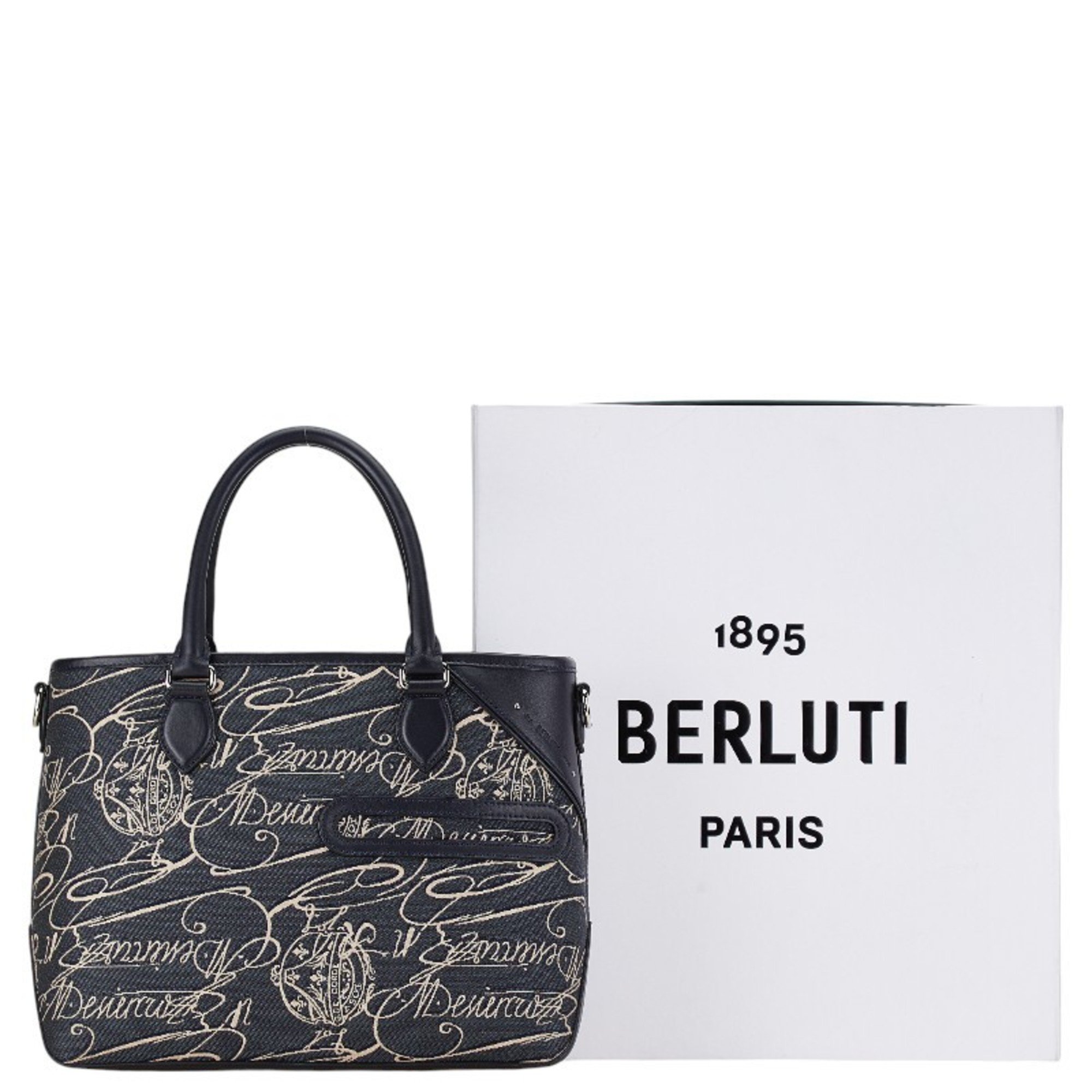 Berluti Arabesque Toujours Handbag Tote Bag Green Black Canvas Leather Women's